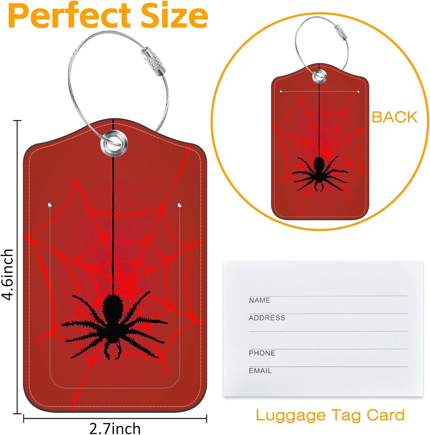 3 Pack PU Leather Luggage Tag for Suitcase Spider and Spider Web Suitcase Tags with Privacy Name ID Label and Stainless Steel Loop for Travel Bag