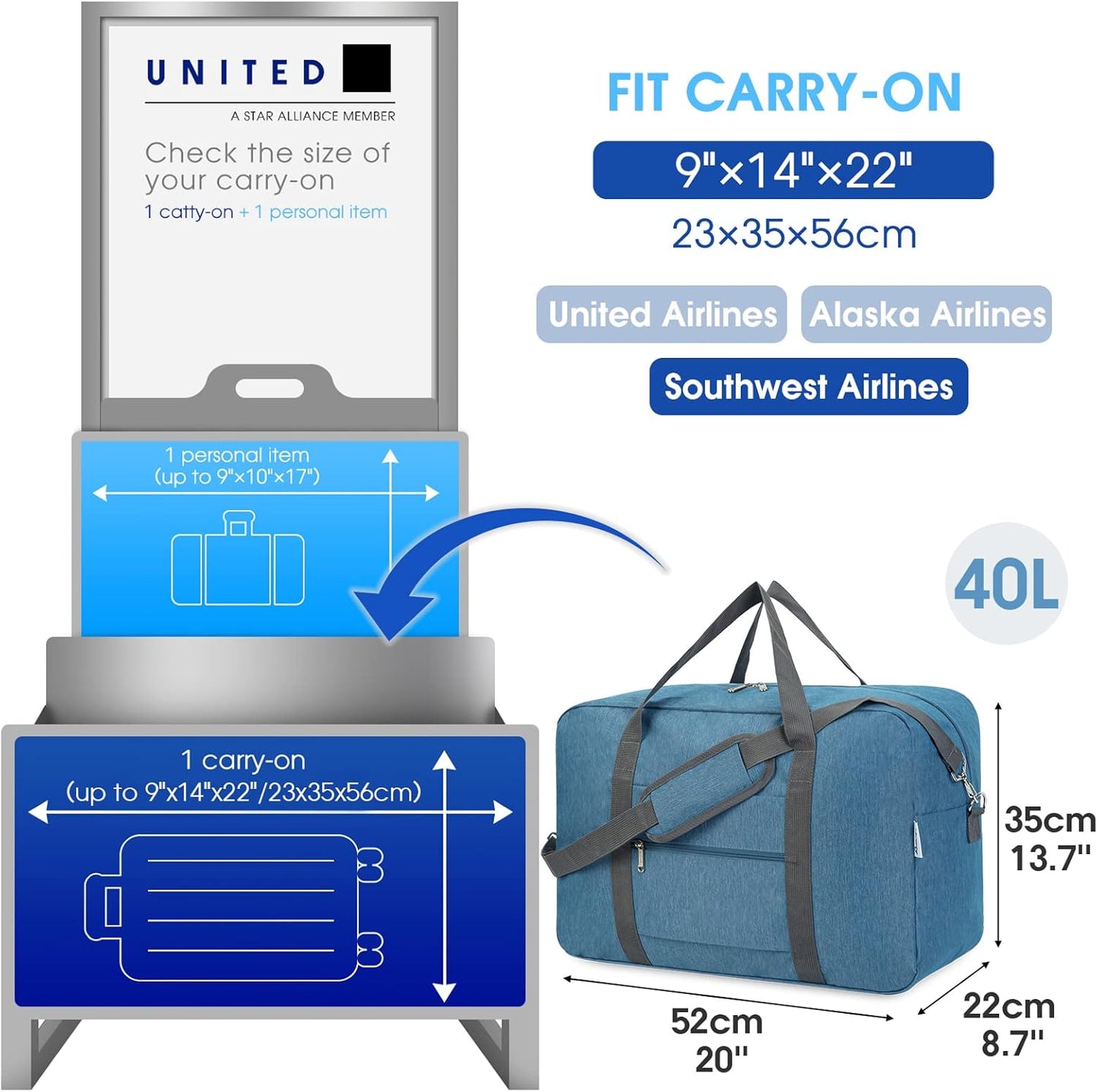 For United Airlines Foldable Carry on Bag 22x14x9 Travel Duffel Bag Packable luggage Duffle for