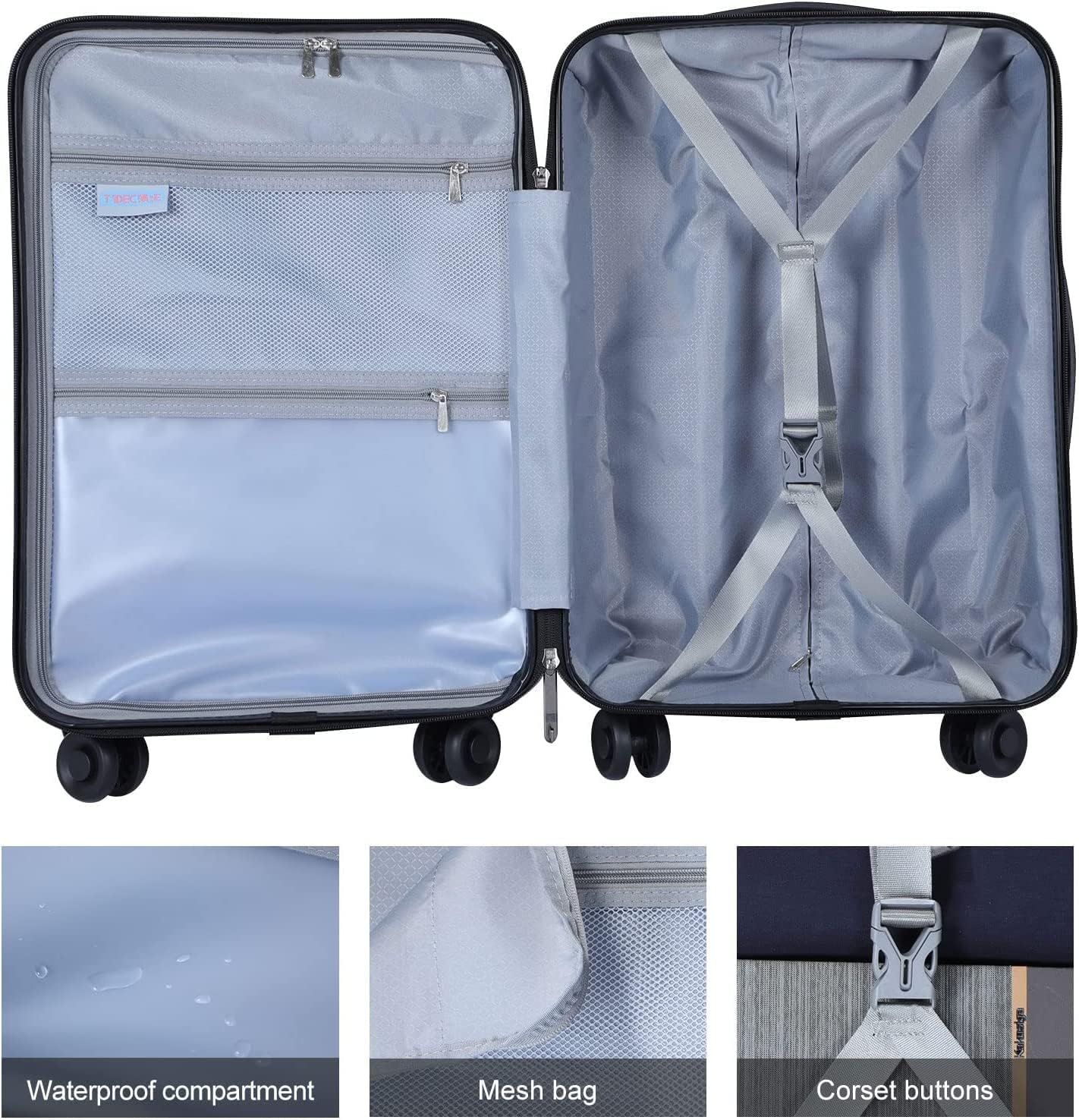 TydeCkare 20 Inch Luggage Carry On with Front Compartment, 22x14.6x10in, 45L, Lightweight ABS+PC Hardshell Suitcase with TSA Lock, YKK Zipper & 4 Spinner Silent Wheels, Black