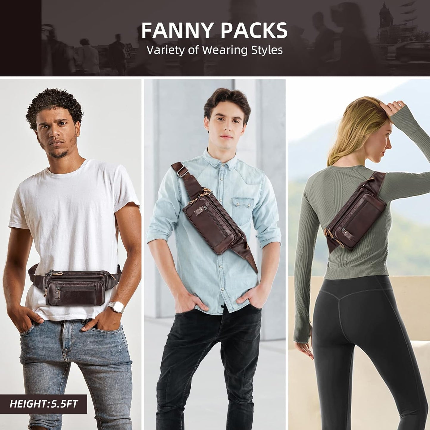 Leather Fanny Pack for Men Women, Fashion Waist Packs Small Crossbody Chest Bag with Adjustable Belt for Outdoor Travel Hiking Cycling
