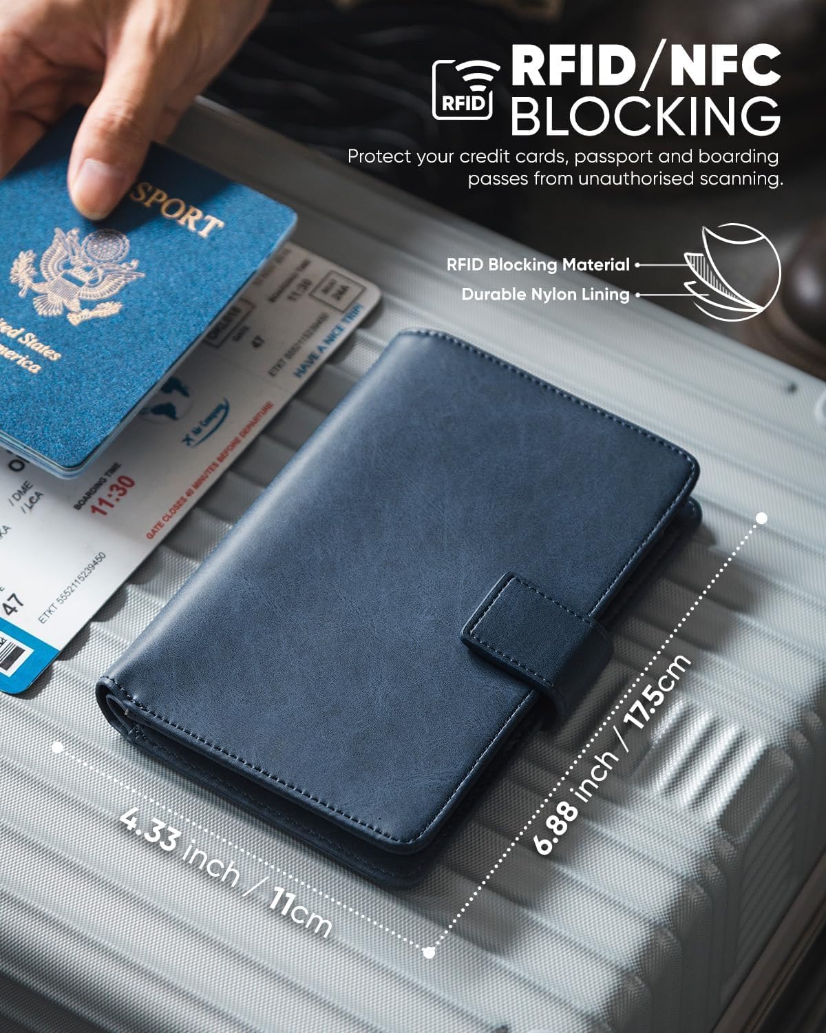 Real Leather Wallet Airtag Compatible RFID Bifold Travel Card Holder Black (Navy)