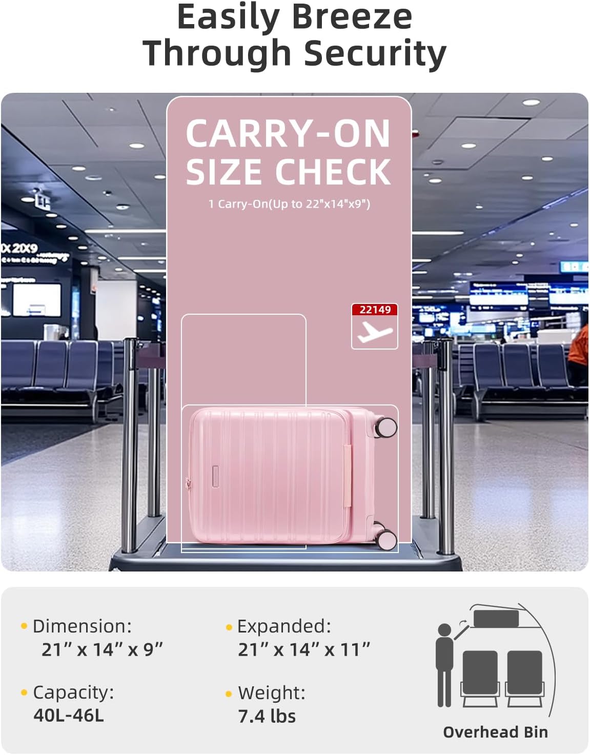LARVENDER Carry On Luggage 22x14x9 Airline Approved, 20 Inch Expandable PC+ABS Hardside Carry On Luggage with Front Pocket Spinner Wheels TSA Lock for Women Men (Pink)