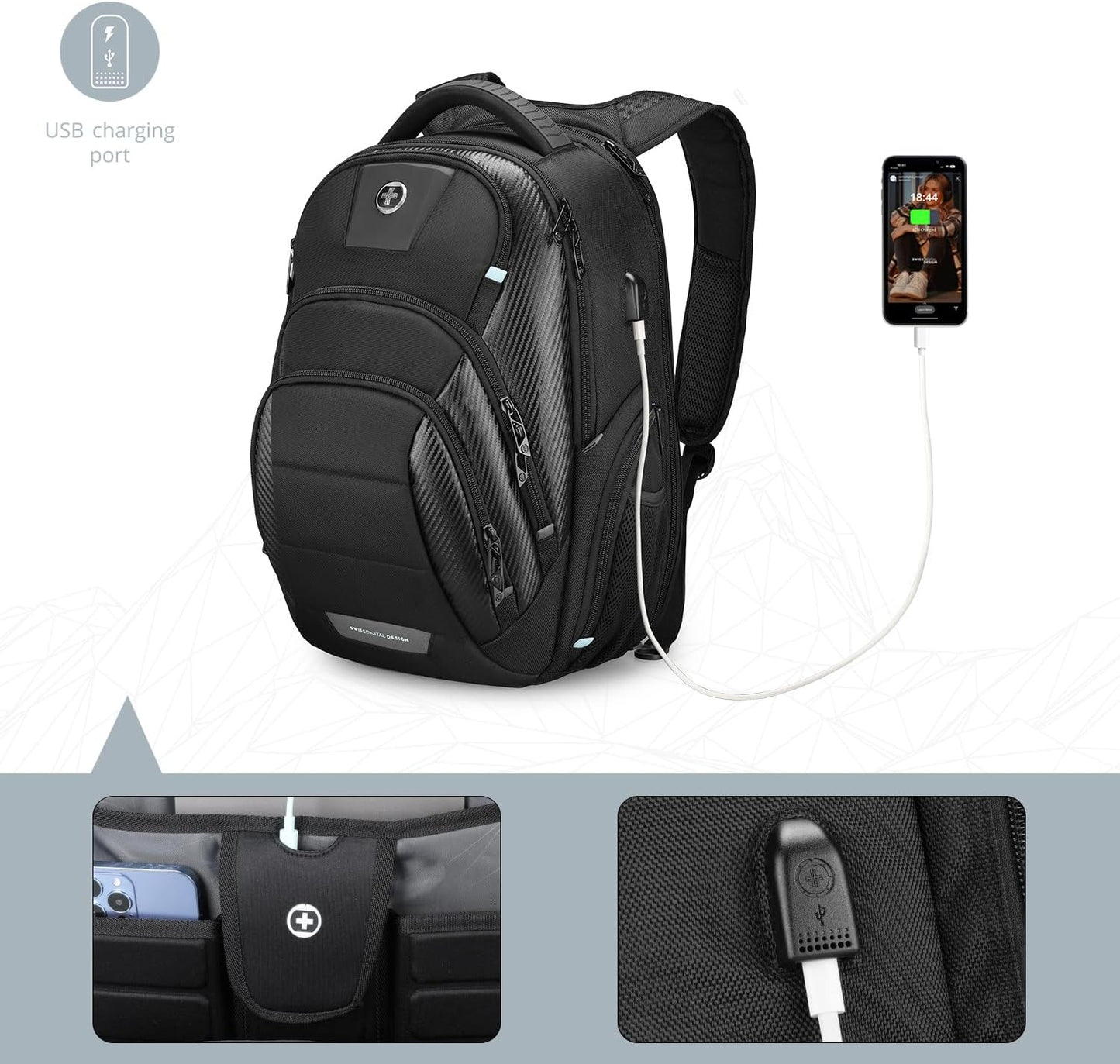 Swissdigital Design Men's 17 Inch Laptop Backpack with Apple Find My Network and USB Charging Port, Large Capacity Business Travel Backpack for College and Business | SD1643FB-01