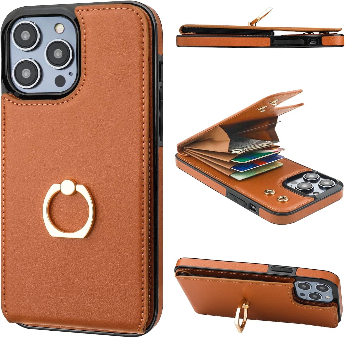 Folosu Compatible with iPhone 14 Pro Max Case Wallet with Card Holder, 360°Rotation Finger Ring Holder Kickstand, RFID Blocking Leather Protective Double Buttons Shockproof Cover 6.7 Inch Brown