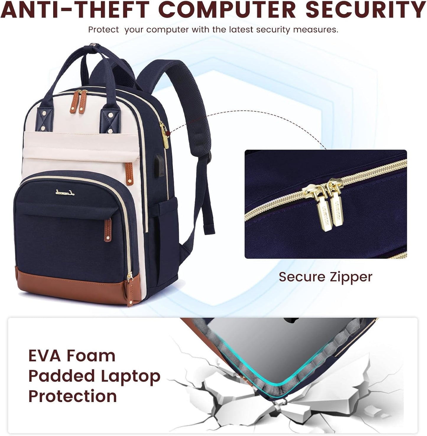 LOVEVOOK Backpack for Women,Laptop Backpack Women,Fits 18 Inch Laptop Bag,Fashion Travel Work Anti-theft Bag,Waterproof Business Computer College Teacher Backpack Purse Daypack, Beige-Blue-Brown