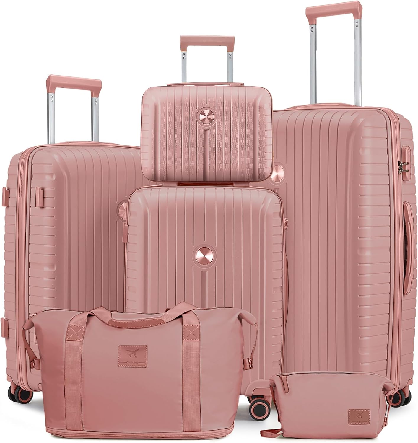 Joyway Luggage Sets 6 Piece PP Hardside Carry on Suitcase with Spinner Wheels and TSA Lock for Travel, Rose Gold