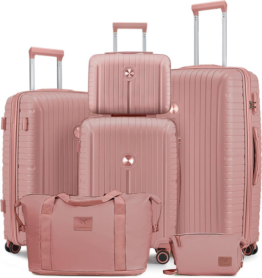 Joyway Luggage Sets 6 Piece PP Hardside Carry on Suitcase with Spinner Wheels and TSA Lock for Travel, Rose Gold