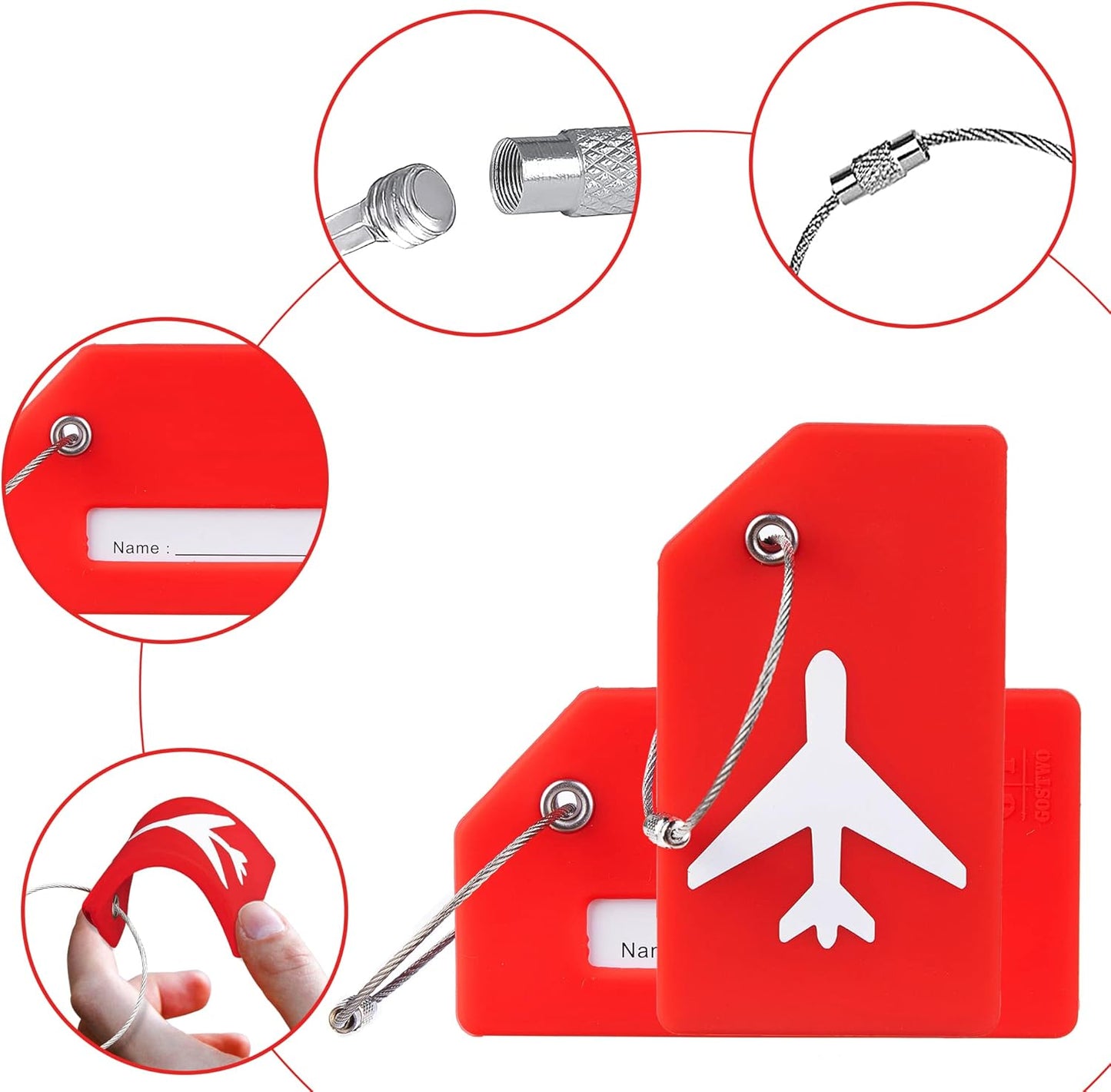 Gostwo 2 Pack Silicone Luggage Tags for Suitcases, 26 Initial Letter Baggage Labels Handbag School Bag Suitcase Instrument Tag with Stainless Steel Loop(Red)(Airplane)