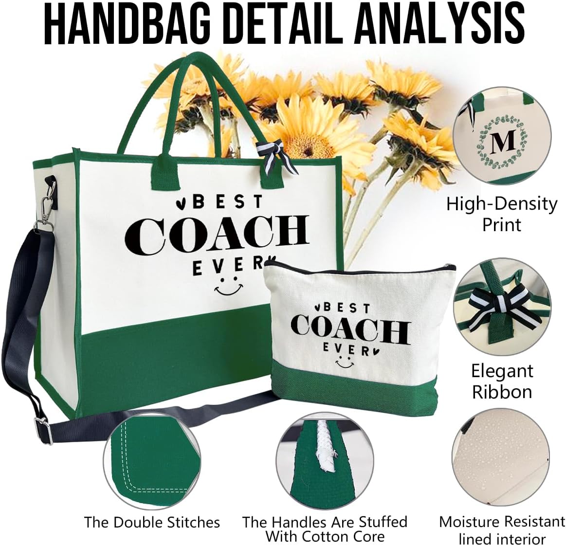 SUSZDOU Gifts for Best Coach Ever - Canvas Beach Tote Bag with Matching Makeup Pouch, Durable Travel Gym Camping Bag, Thank You Gift for Sports Coach, Female Trainers Gifts for Women B1
