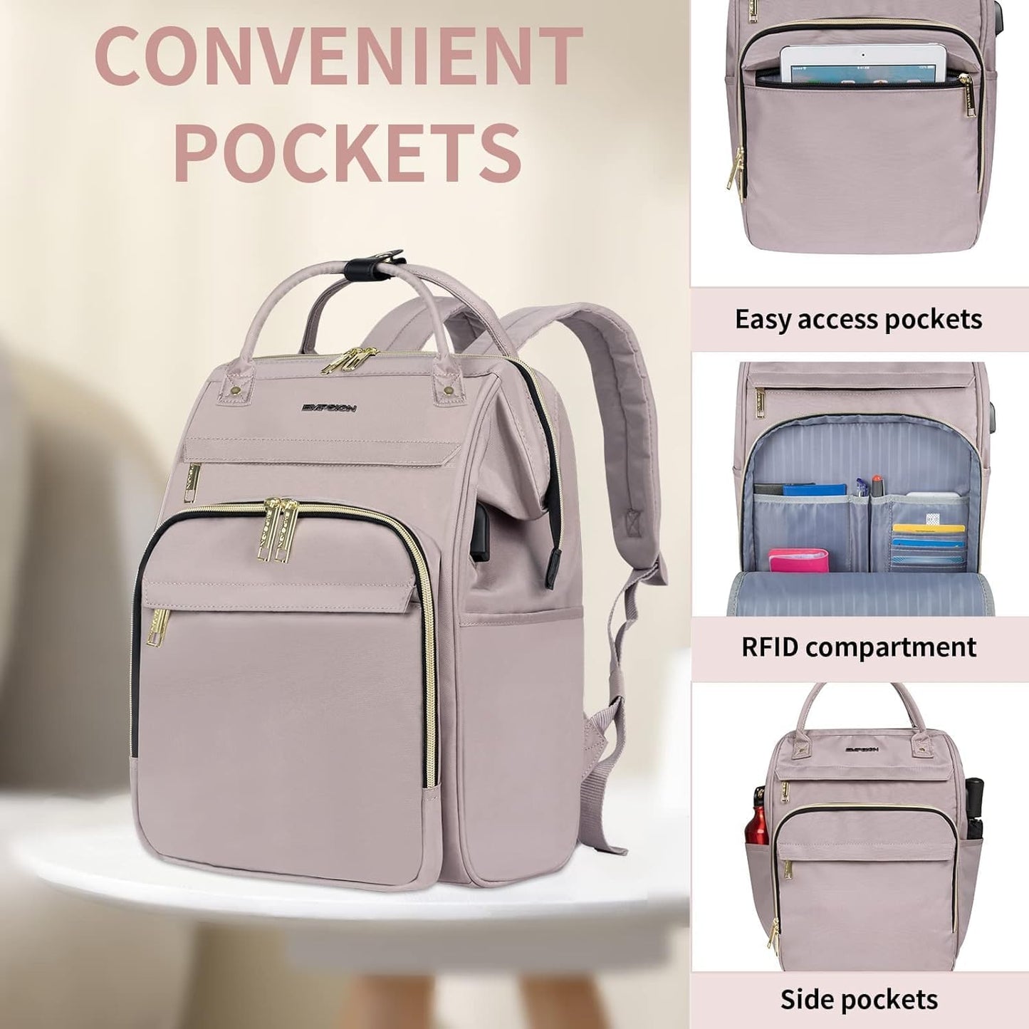 EMPSIGN 15.6 Inch Laptop Backpack for Women, Computer Travel Business Work Bag, Water Repellent College Casual Daypack with USB Port, Dusty Pink