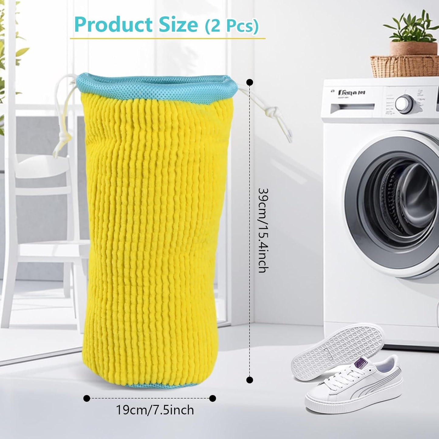2Pcs Shoe Washing Machine Bag, Reusable Shoe Laundry Bag, Sneaker Washing Machine Bags, Shoe Cleaning Wash Bag with 360° Cleaning Fibers & Adjustable Drawstring, Fits Most Shoes Washer (Yellow)