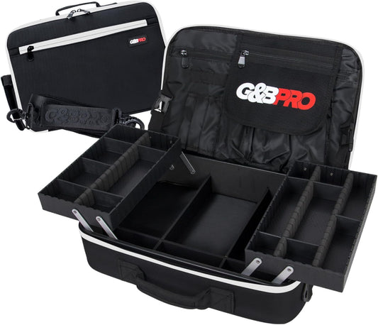 G&BPRO Crossbody Briefcase with Extending Tray System | All-In-One Mobile Workstation Laptop Travel Bag with Expandable Storage & Organizer Compartments - Black with White Zipper
