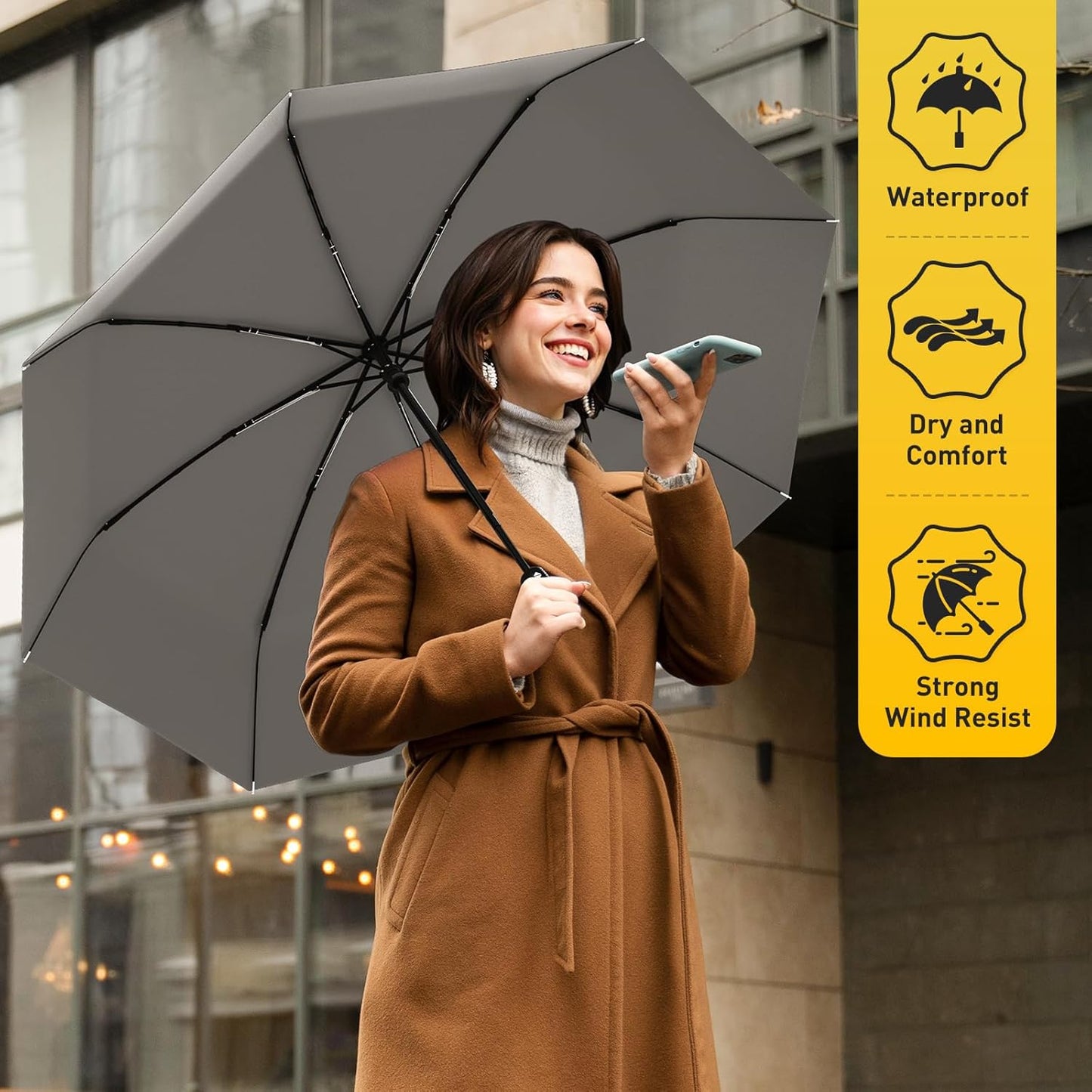 Windproof Travel Umbrella, Compact Umbrella, Car Umbrellas for Rain & Sun, 8 Fiberglass Ribs for Strong UV & Wind Resistance, Portable, Lightweight, Vent, Easy Automatic Open/Close