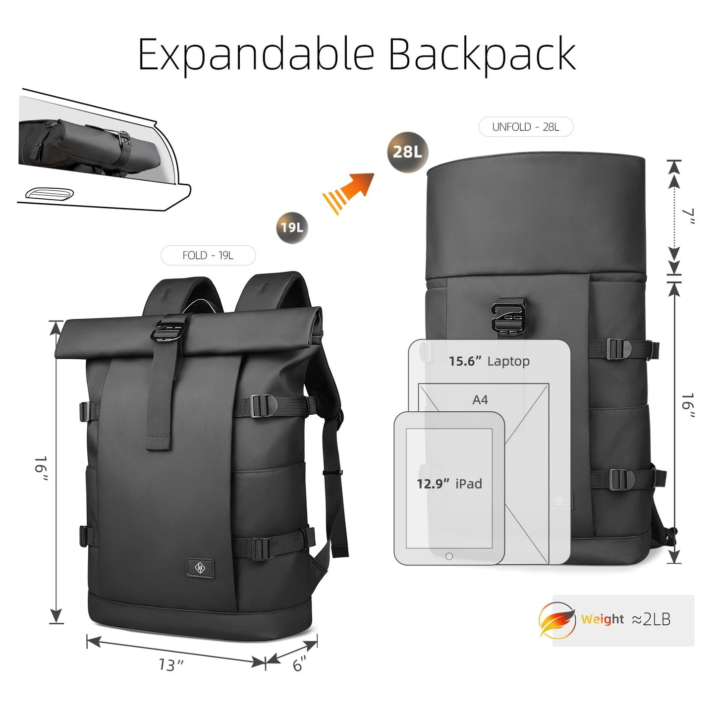 Rolltop Laptop Backpack, Expandable Business Travel Backpack for Men Women
