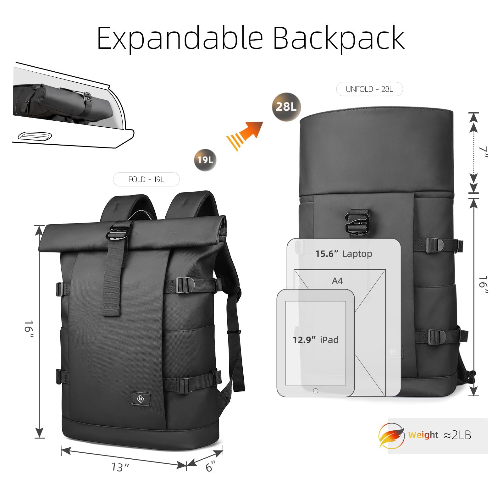 Rolltop Laptop Backpack, Expandable Business Travel Backpack for Men Women