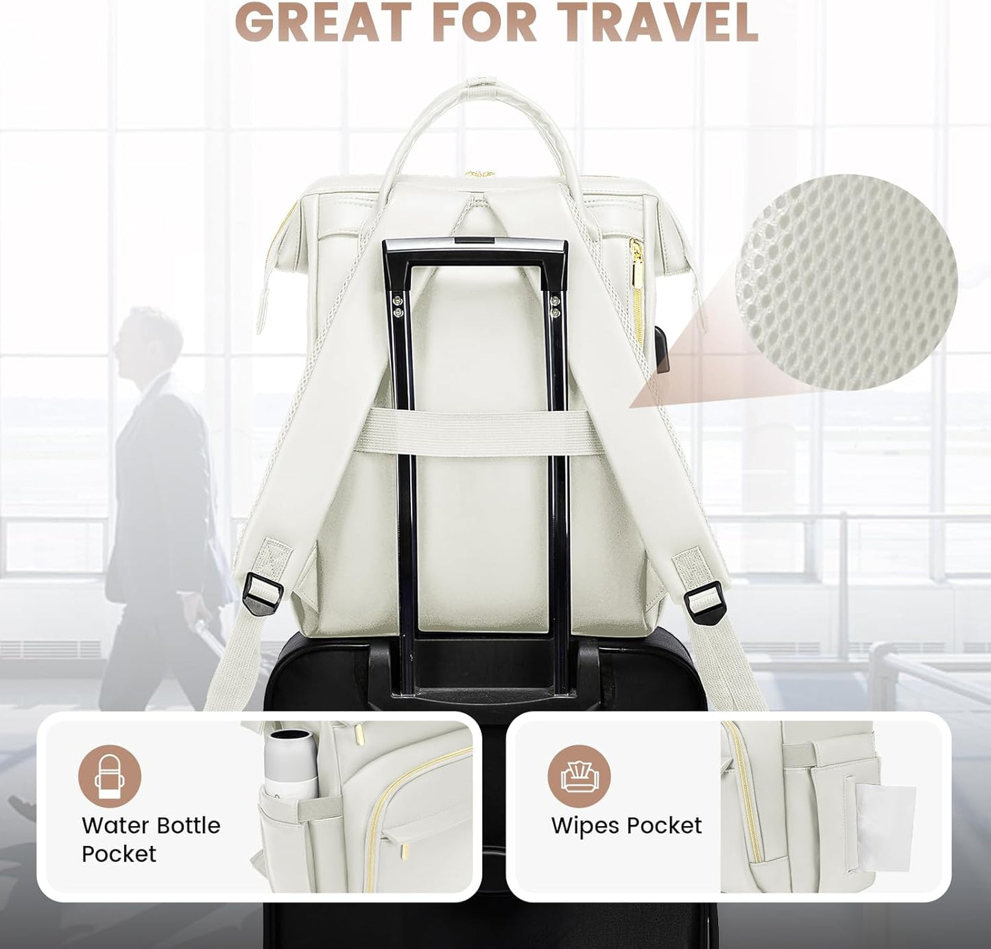 LOVEVOOK Leather Laptop Backpack for Women 15.6 inch,Travel Backpack Purse Nurse Teacher Backpacks Computer Laptop Bag,Professional College Business Work Carry On Backpack with USB Port,Beige White