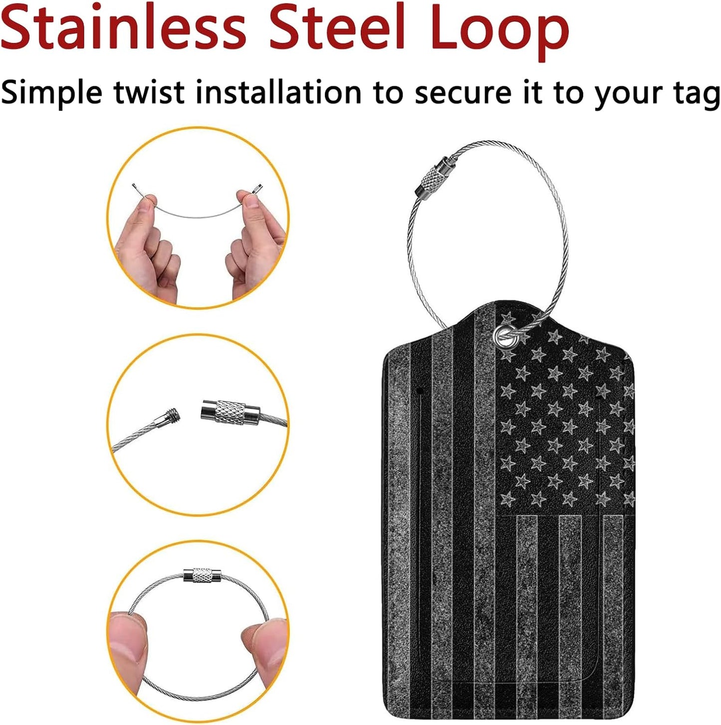 2 Pack Luggage Tags for Suitcase, Privacy Cover ID Label with Stainless Steel and Address Card for Travel Bag Backpack Cruise Ship Essentials Tag Men Boys - Black Grey American Flag