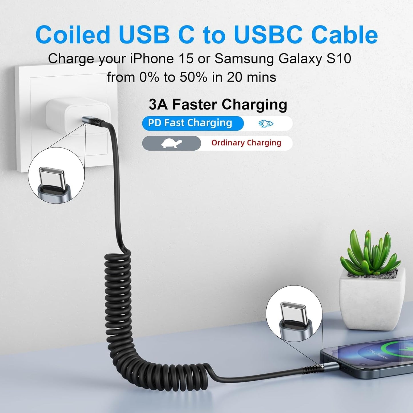2Pack Coiled USB C to USB C Charger Cable for Car, Type C Fast Charging USBC Charger Cord Compatible with 17/1615/15 Plus/15 Pro/15 Pro Max/Samsung Galaxy S23