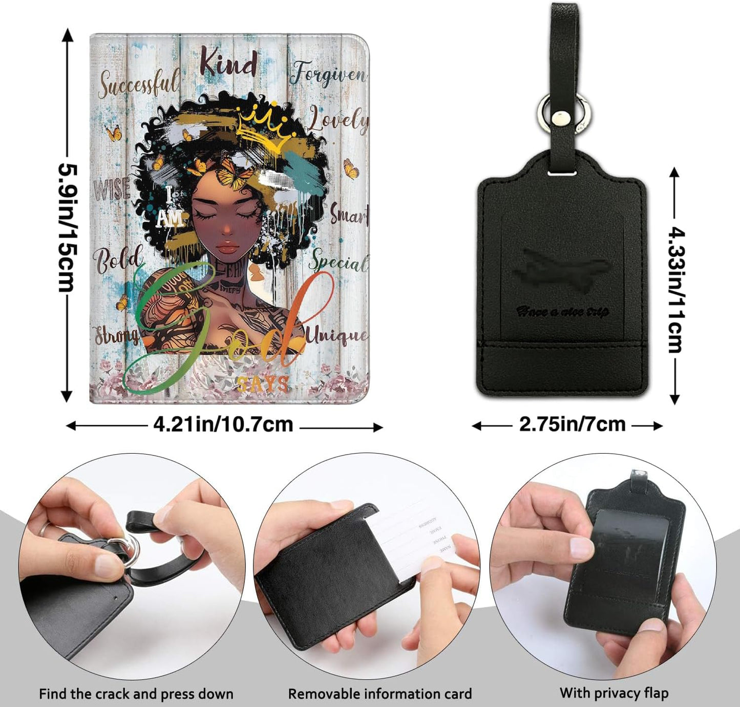 Passport Holder Women Wallet with Luggage Tag, Leather Passport Cover with RFID Blocking, Travel Accessories Multi Card Slot Passport Case for Men，African American Crown Girls