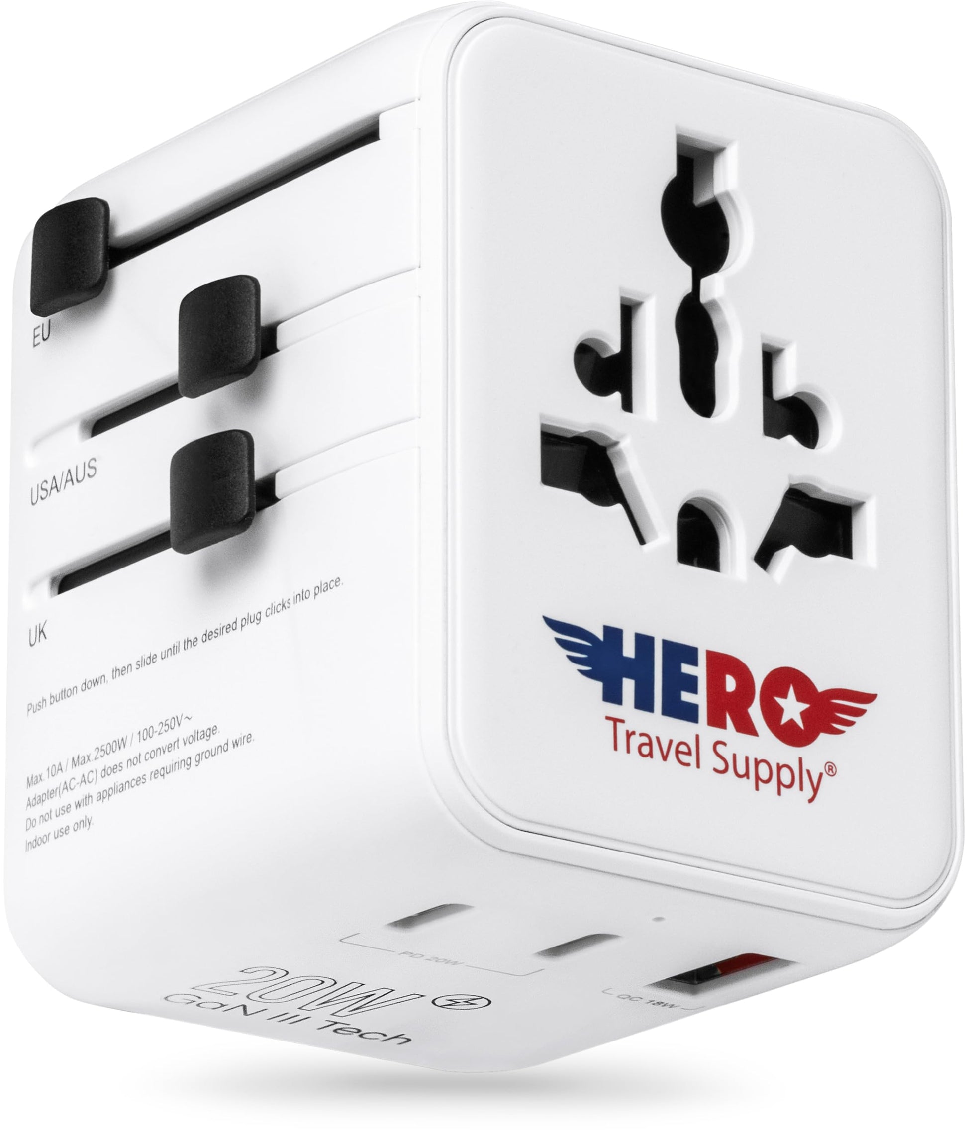 Hero International Travel Power Adapter – Universal Plug for Europe, UK, US, Asia, AUS, 100+