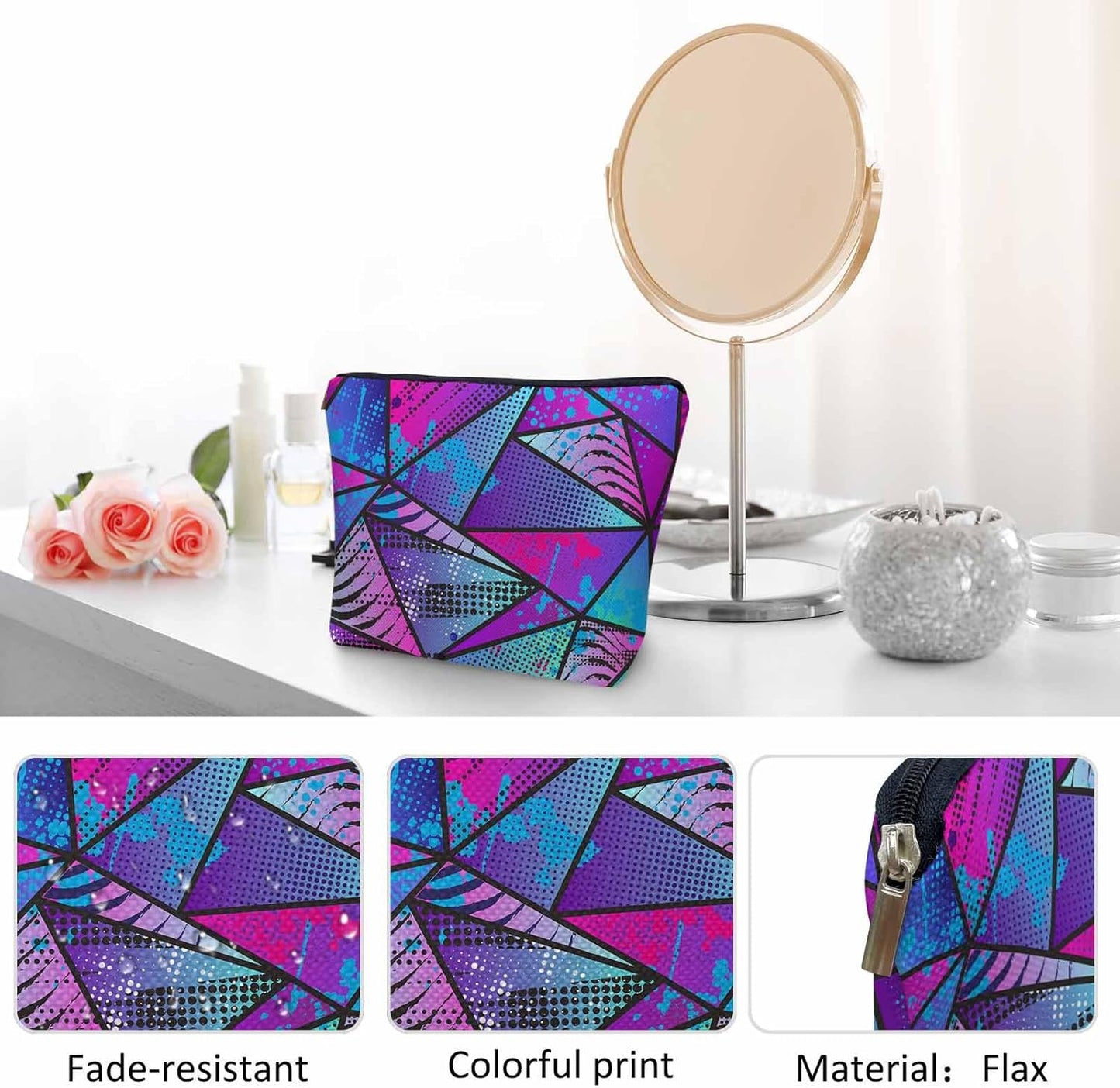 Chaotic Triangles Makeup Organizer Bag Cosmetic Bag For Men Women Chaotic Geometric Graffiti Triangle Travel Toiletry Bag Flax Makeup Bags Purse Business Makeup Pouch For Toiletries Cosmetics