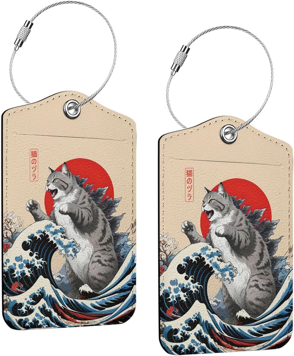 2Pcs Funny Japanese Cat Luggage Tag, Suitcase Tags with Privacy Flap and Metal Loop, Luggage Tags for Suitcases, Identifiers Travel Essentials Bag Tag, Cat Lovers Gifts for Women Girls Friends