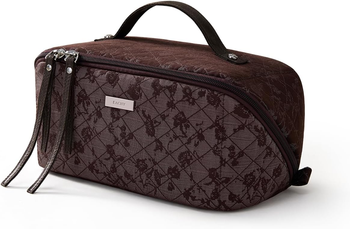 EACHY Travel Makeup Bag, Large Toiletry Bag for Women, Flat-Opening Organizer Pouch with Compartments