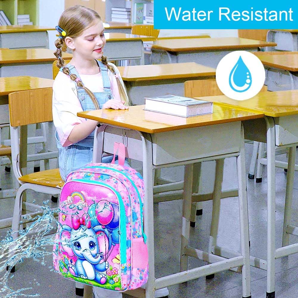 CCJPX 3PCS Backpack for Girls, 16”Elephant Bookbag with Lunch Box, Kids Water Resistant Elementary
