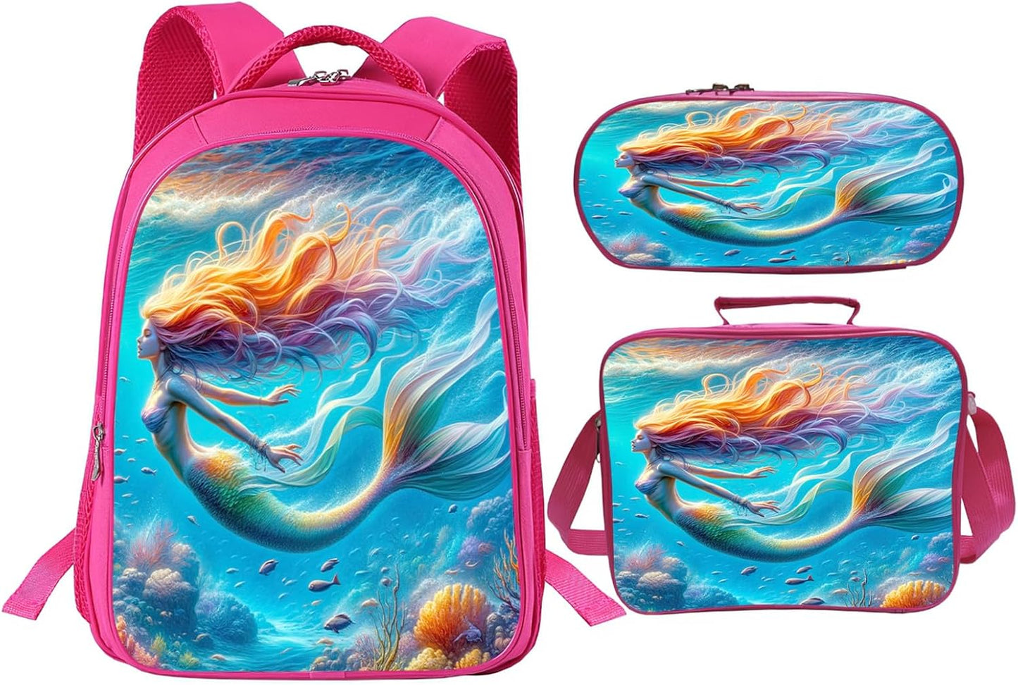 Mermaid Backpack School Bag 3PCS Backpack 16 Inch with Lunch Bag Set Lightweight for Teen Boys Girls Kids Elementary Middle School