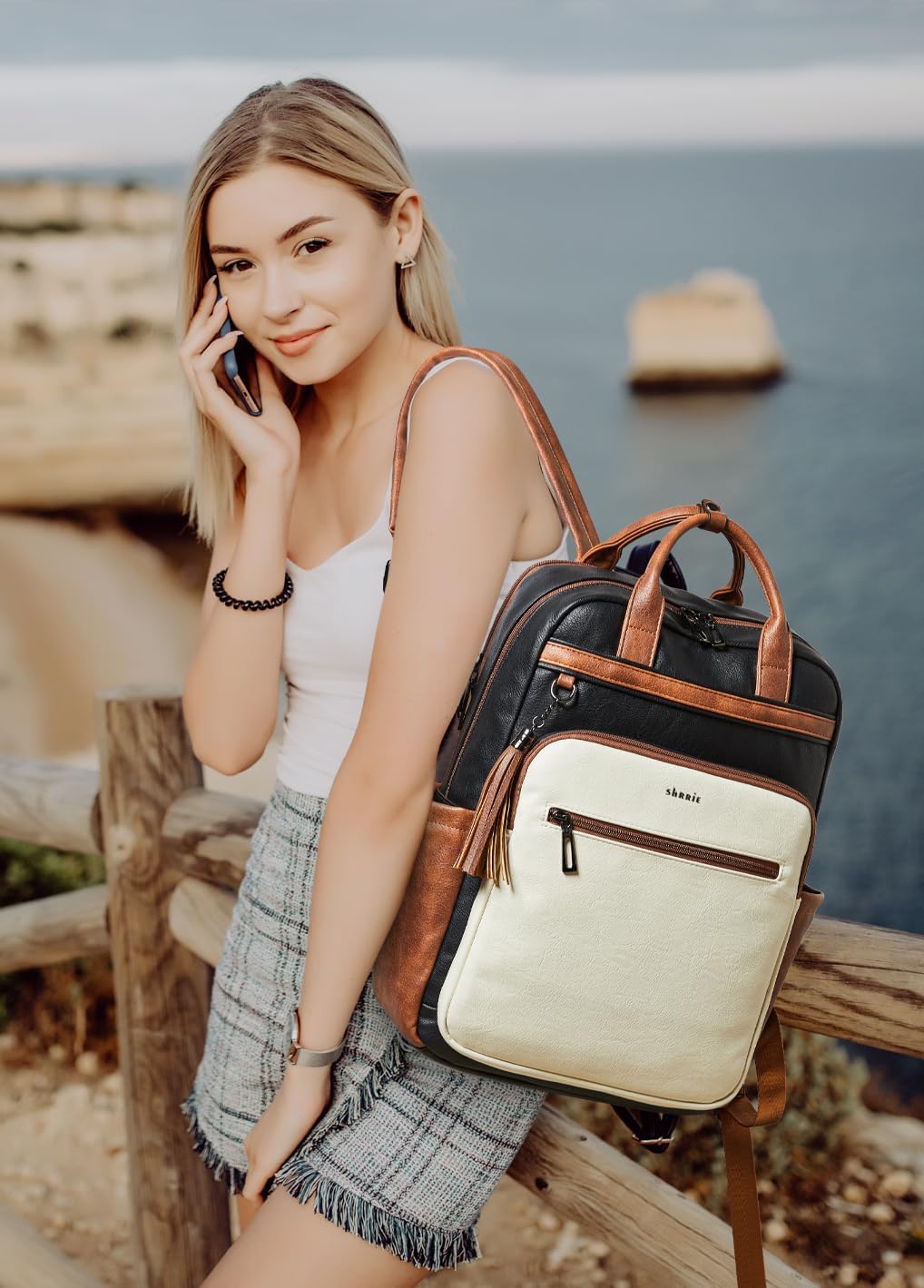 Shrrie Laptop Backpack for Women 15.6 inch Travel Leather Backpack Purse Work Computer Backpacks