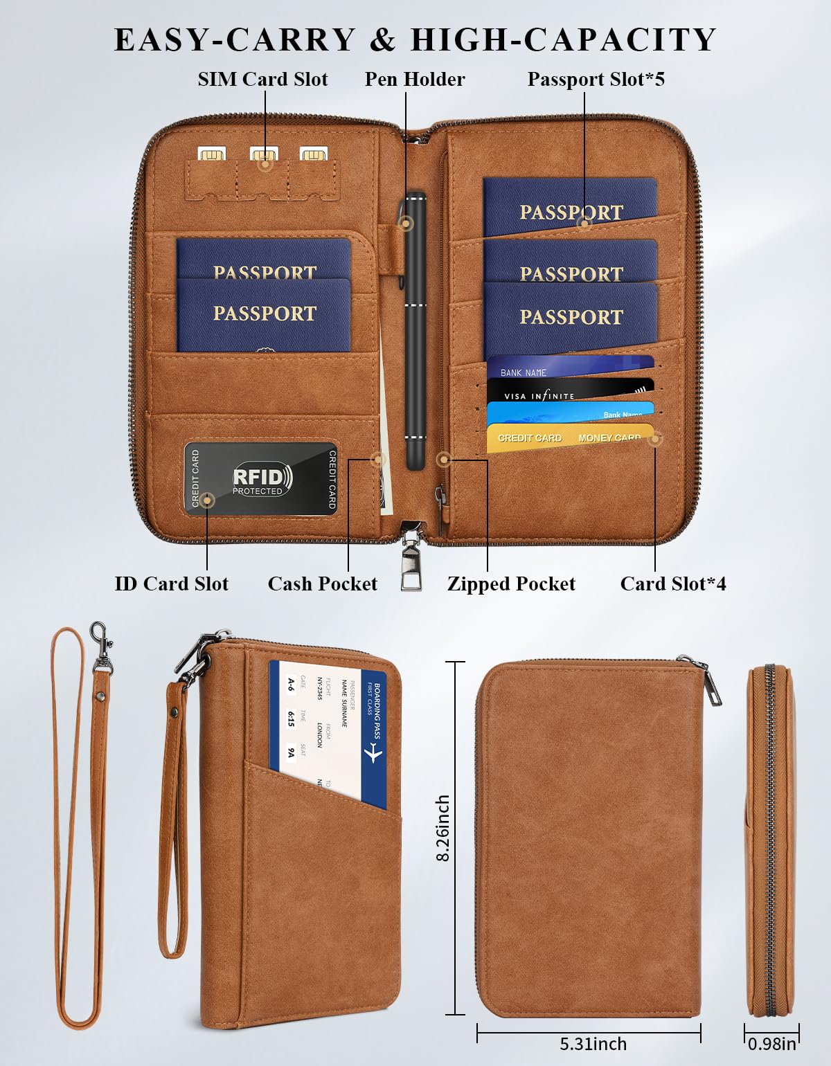 Family Passport Holder Wallet RFID Travel Document Organizer for Women Men, Portable Case Cover for