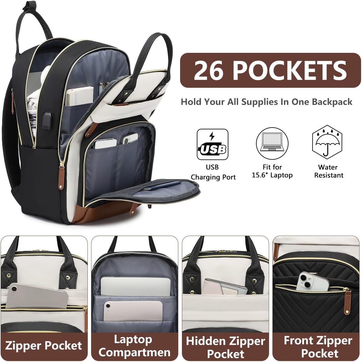 Backpack for Women 15.6 Inch Laptop Backpack Work Business Backpacks Purse Waterproof Computer College Backpacks Nurse Bag Backbag 2 Sets Casual Daypack for Travel Black