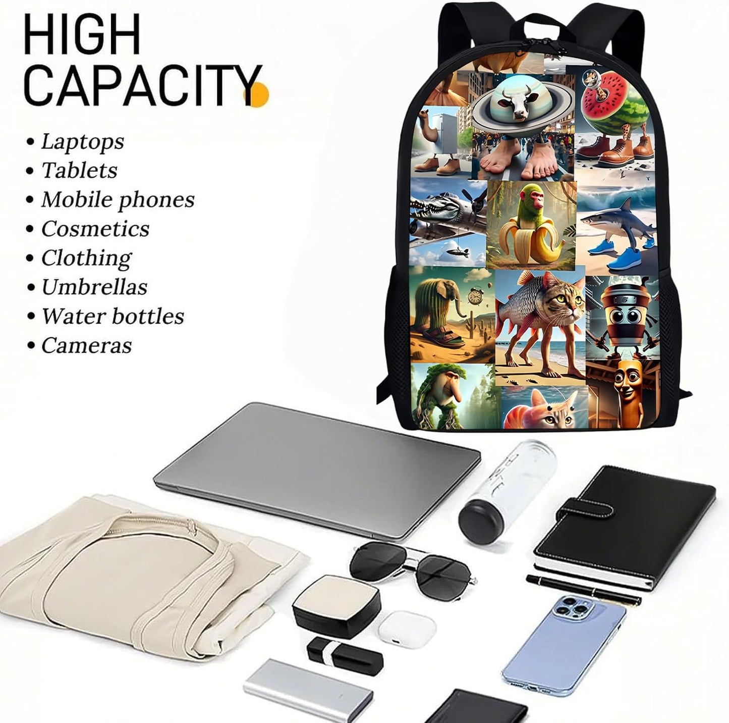  3PCS Italian Brainrot Casual Large Daypack Backpack,17in Shoulder Waterproof Lightweight Daypack Gifts (Color 6)