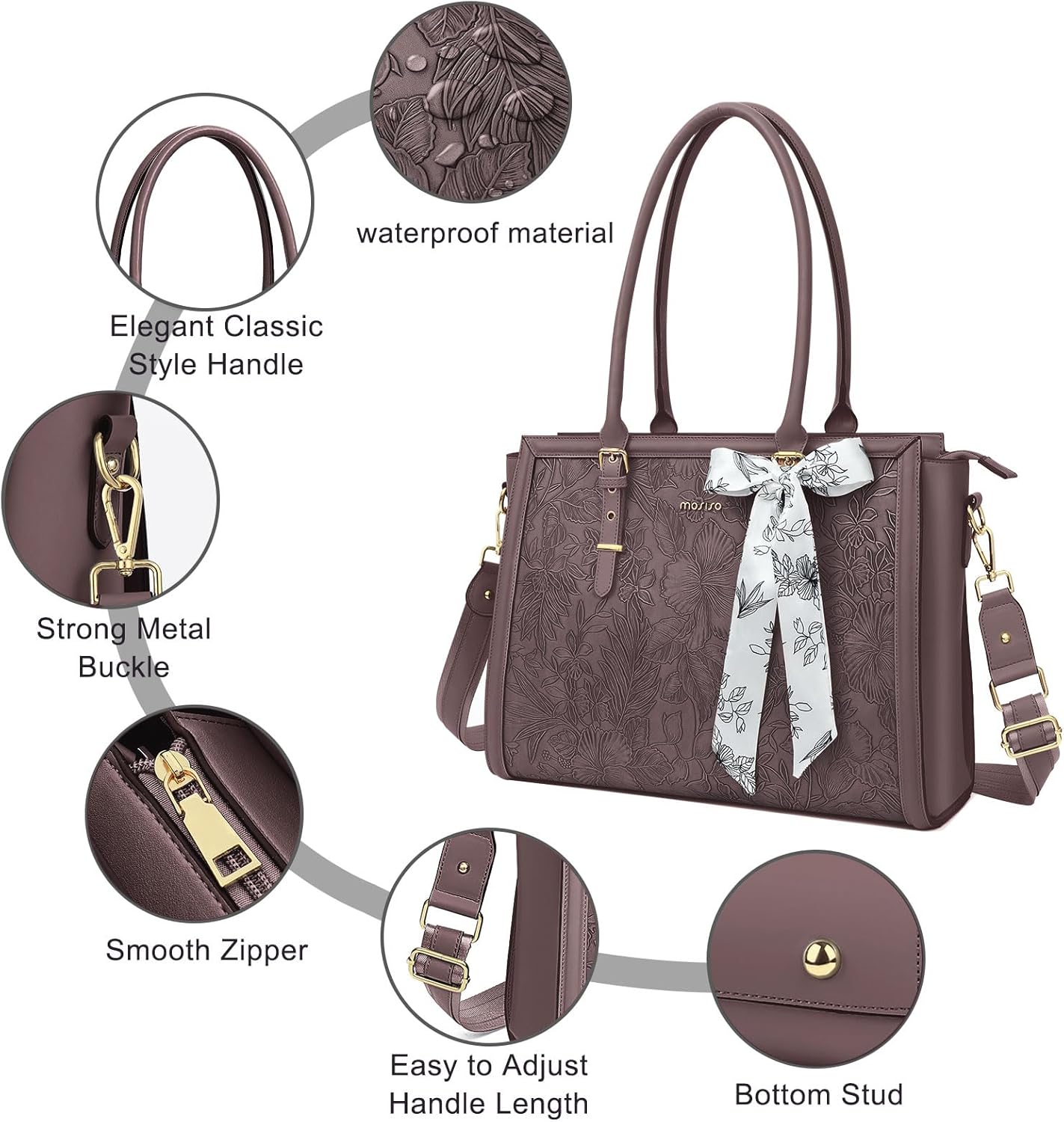 MOSISO Laptop Bag for Women, PU Leather Tote Bag, Front Embossed Retro Hibiscus Computer Bags with Silk Scarf&Clutch Purse