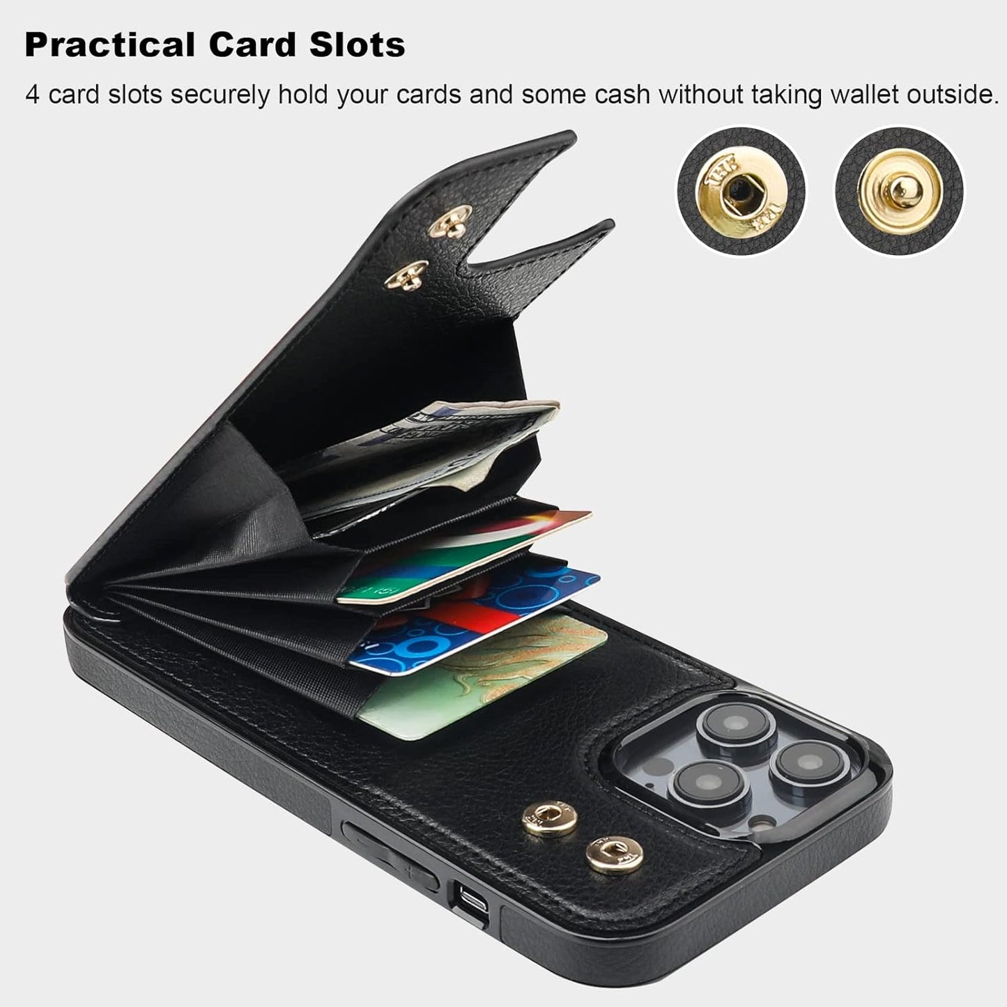 Folosu Compatible with iPhone 14 Pro Max Case Wallet with Card Holder, 360°Rotation Finger Ring Holder Kickstand, RFID Blocking Leather Protective Double Buttons Shockproof Cover 6.7 Inch Black