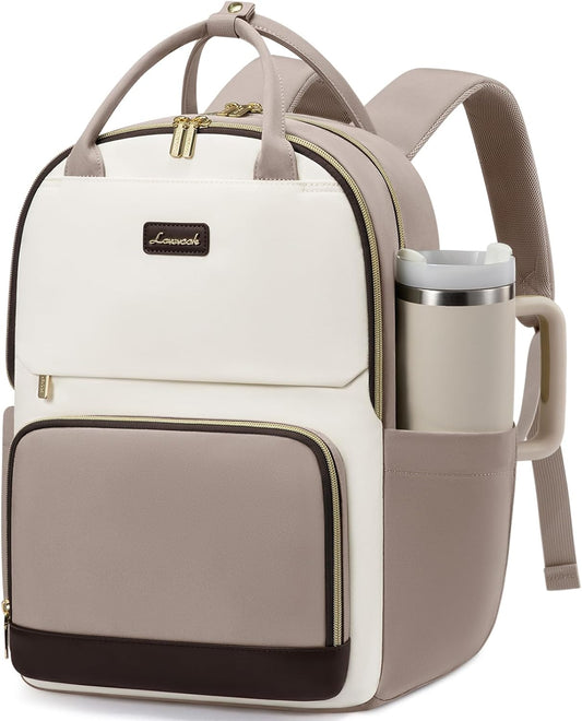 LOVEVOOK Laptop Backpack for Women with Giant Tumbler Holder Pocket, 15.6 inch Travel Work Backpack Purse for Teacher Nurse, Waterproof College Book Bag Cute Casual Daypack, Beige-Nude
