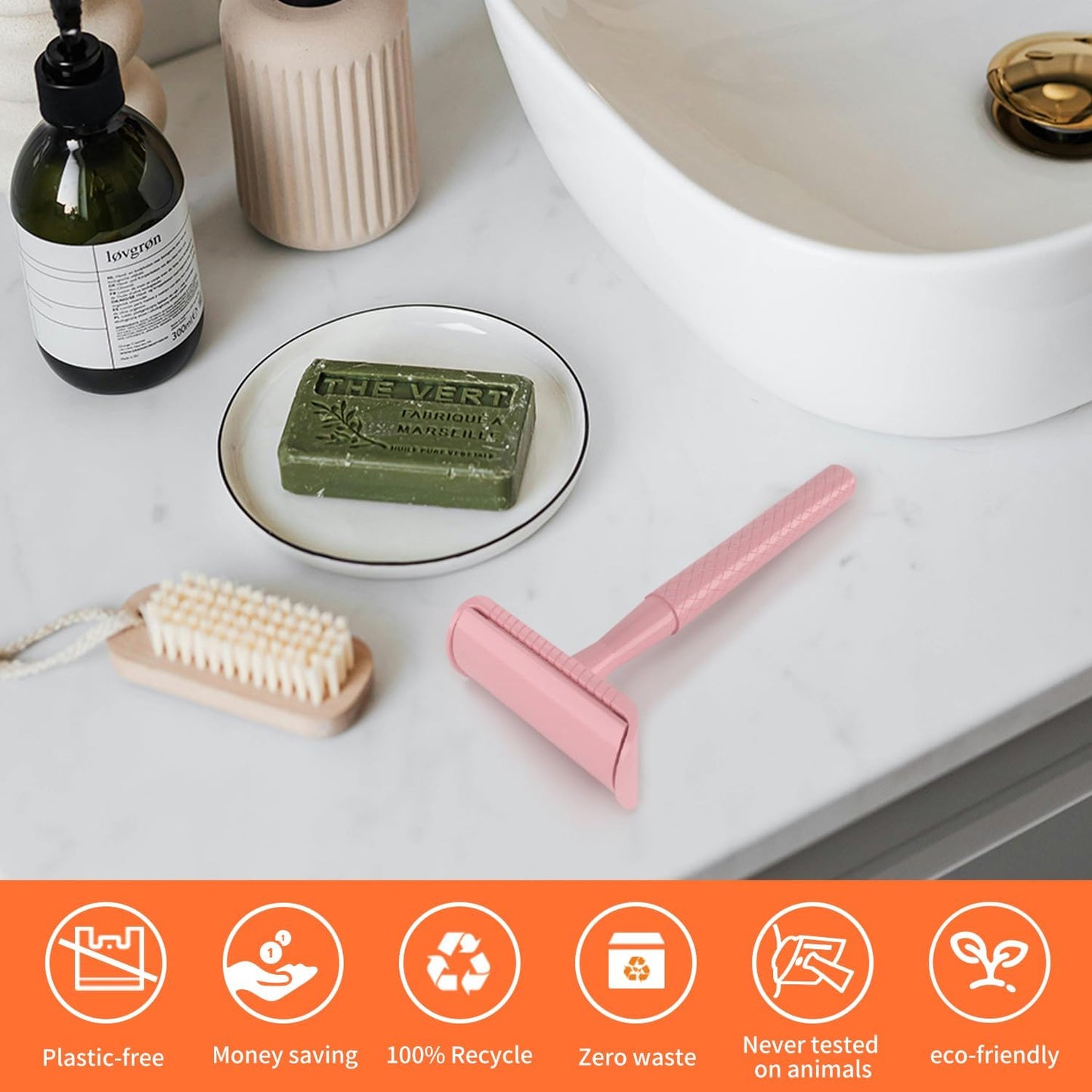 Cherry Pink Safety Razor - Single Blade Razors for Women - Reusable Metal Razor, with 5 Stainless Steel Double Edge Blades, Smooth Close Shave, Sustainable, Plastic Free