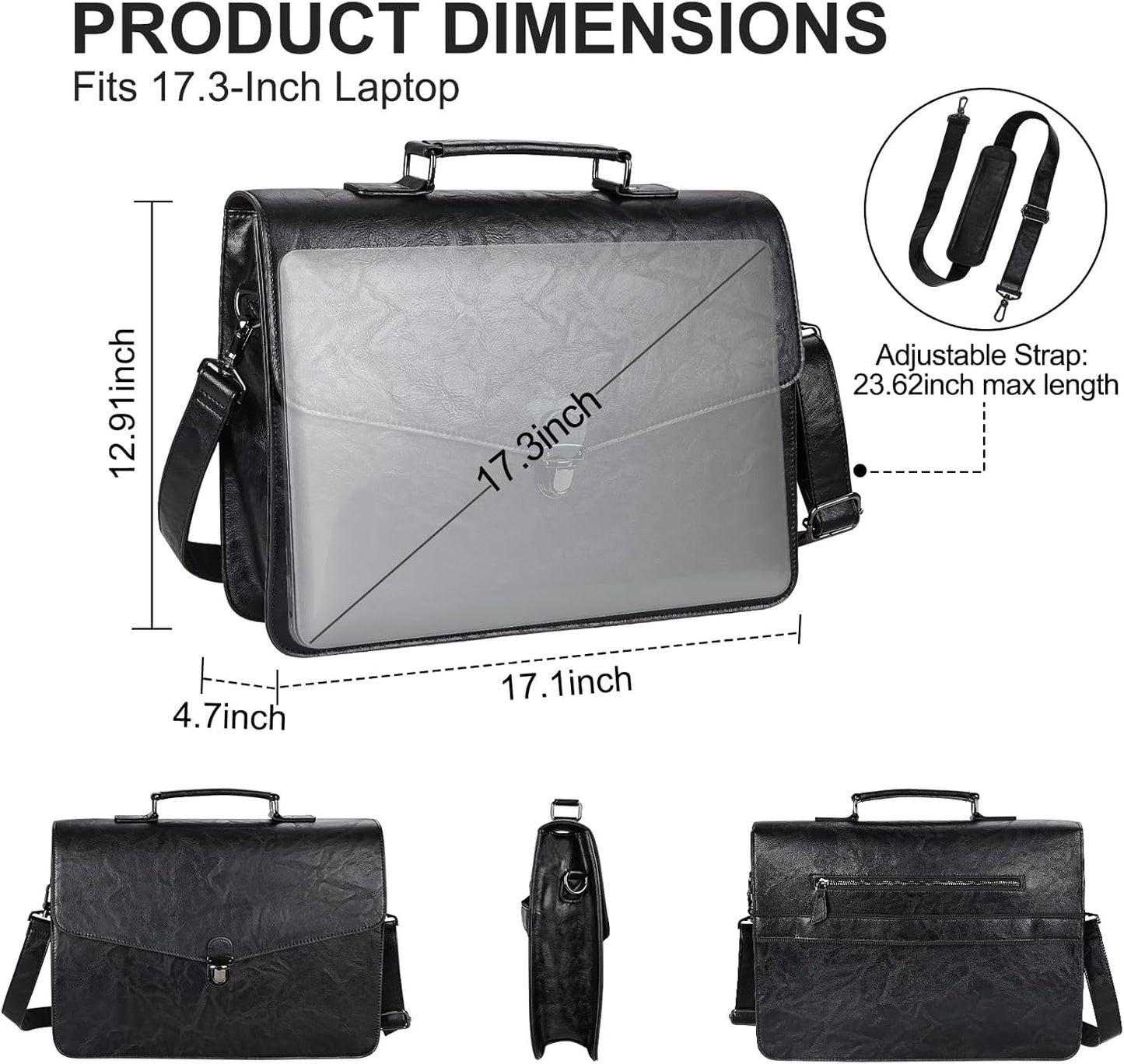 ESTARER Mens Leather Briefcase 17.3 Inch Laptop Messenger Bag, Water-Resistant Computer Messenger Shoulder Bag for Work/Office/College, Black