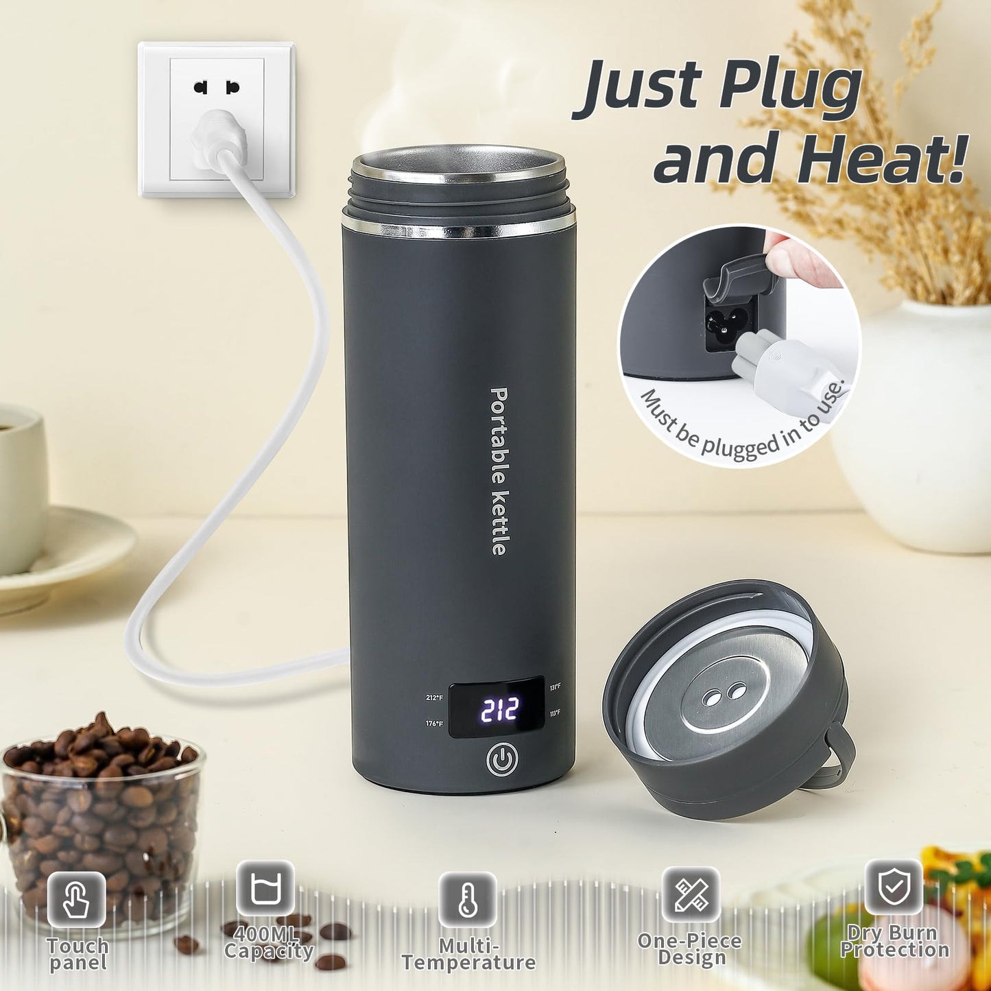 Touxila Portable Electric Kettle for Travel 120V, 13.5oz, 4 Temp Settings