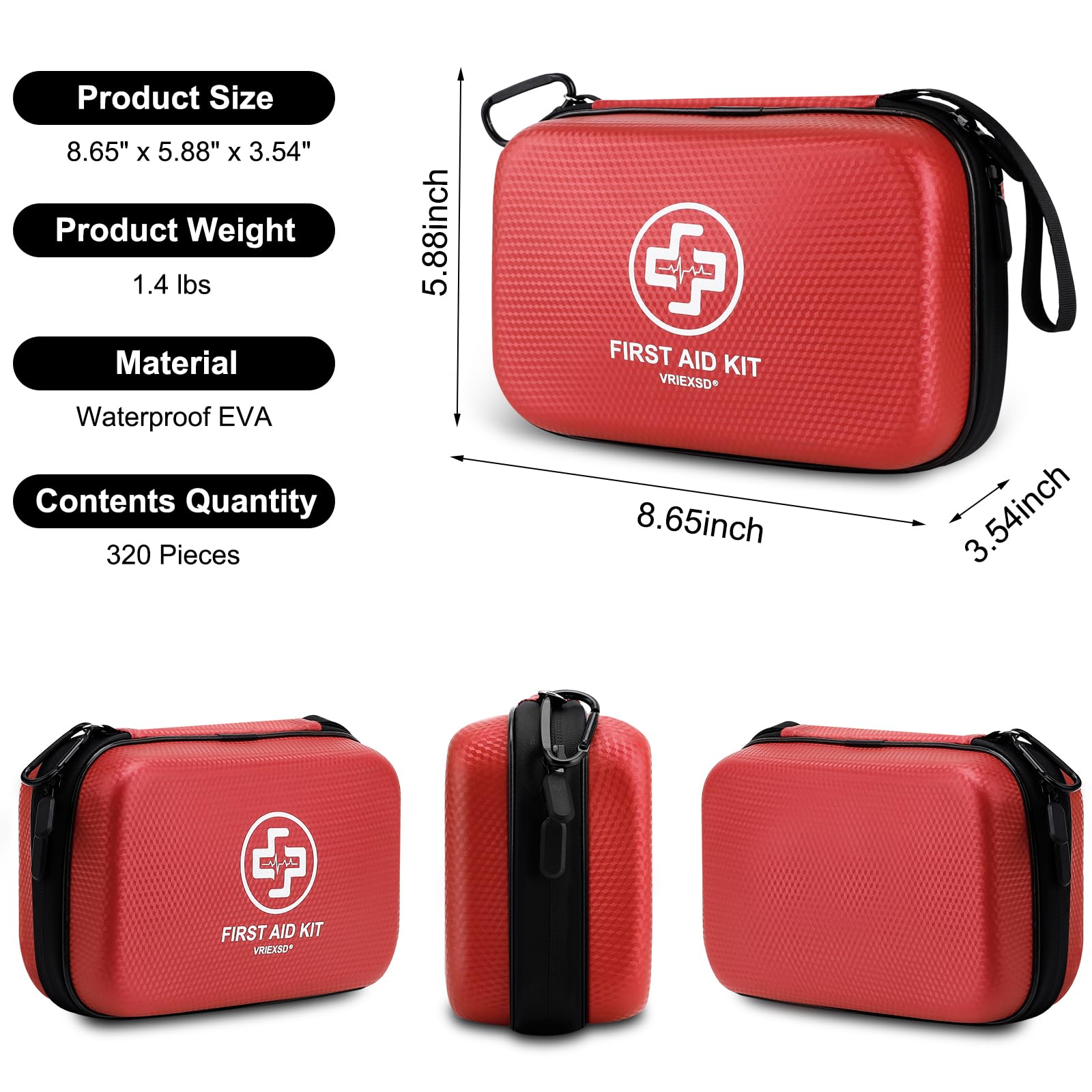 VRIEXSD Premium 320-Piece First Aid Kit, Waterproof EVA Hard Shell Case,Red