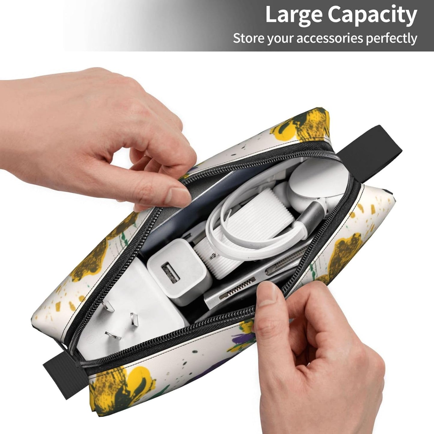 Purple & Yellow Floral Makeup Bag Small Compact & Durable Travel Cosmetic Bag Organizer Oxford Fabric Impact-Resistant Multi-Purpose Storage Perfect for Travel, Gym, Daily Use