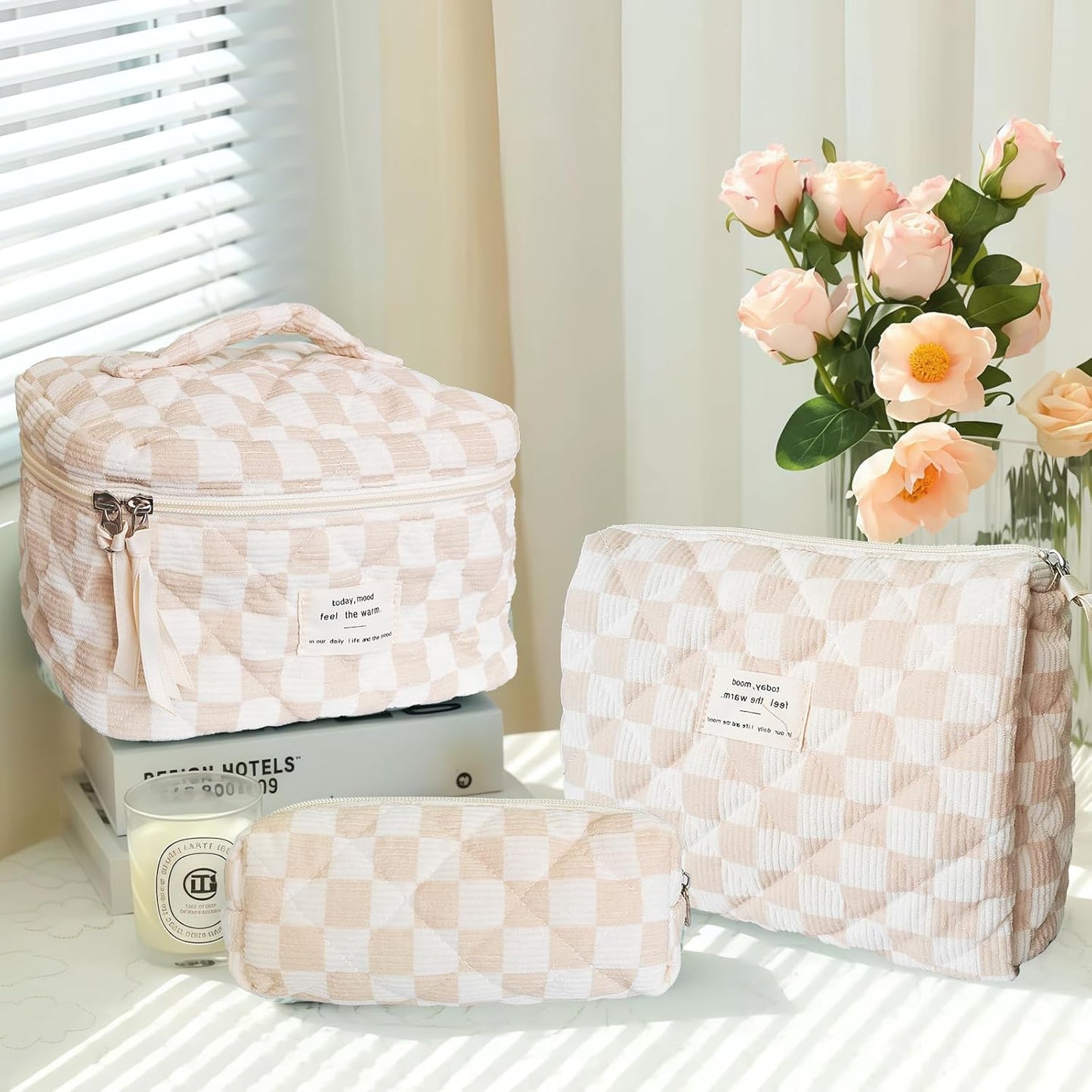 Quilted Cosmetic Bag Large Capacity Travel Cosmetic Bag for Women and Girls Aesthetic Storage for Daily and Travel Use (3pcs-browncheckered)