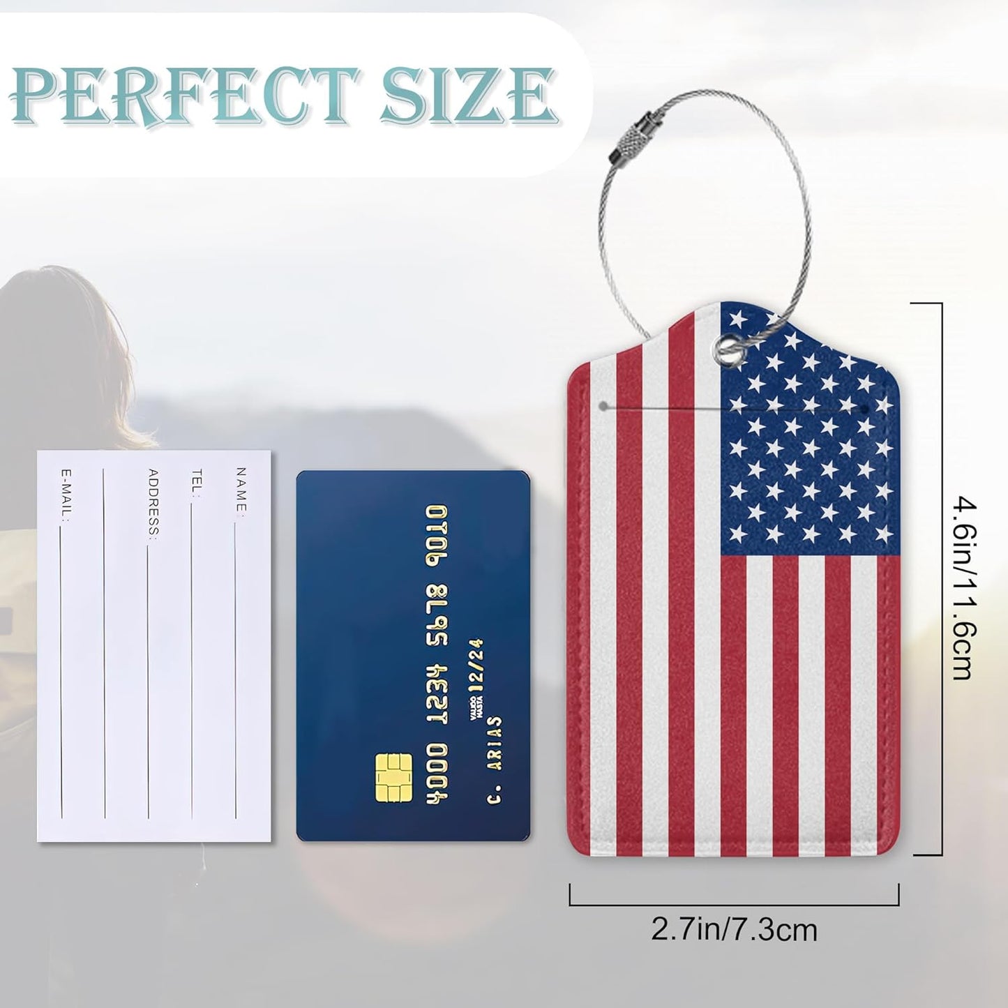 American Flag Luggage Tag, Luggage Tags of Set 2 Leather Identifiers Privacy Cover with Stainless Steel Loop for Women Men Travel Bag Suitcase