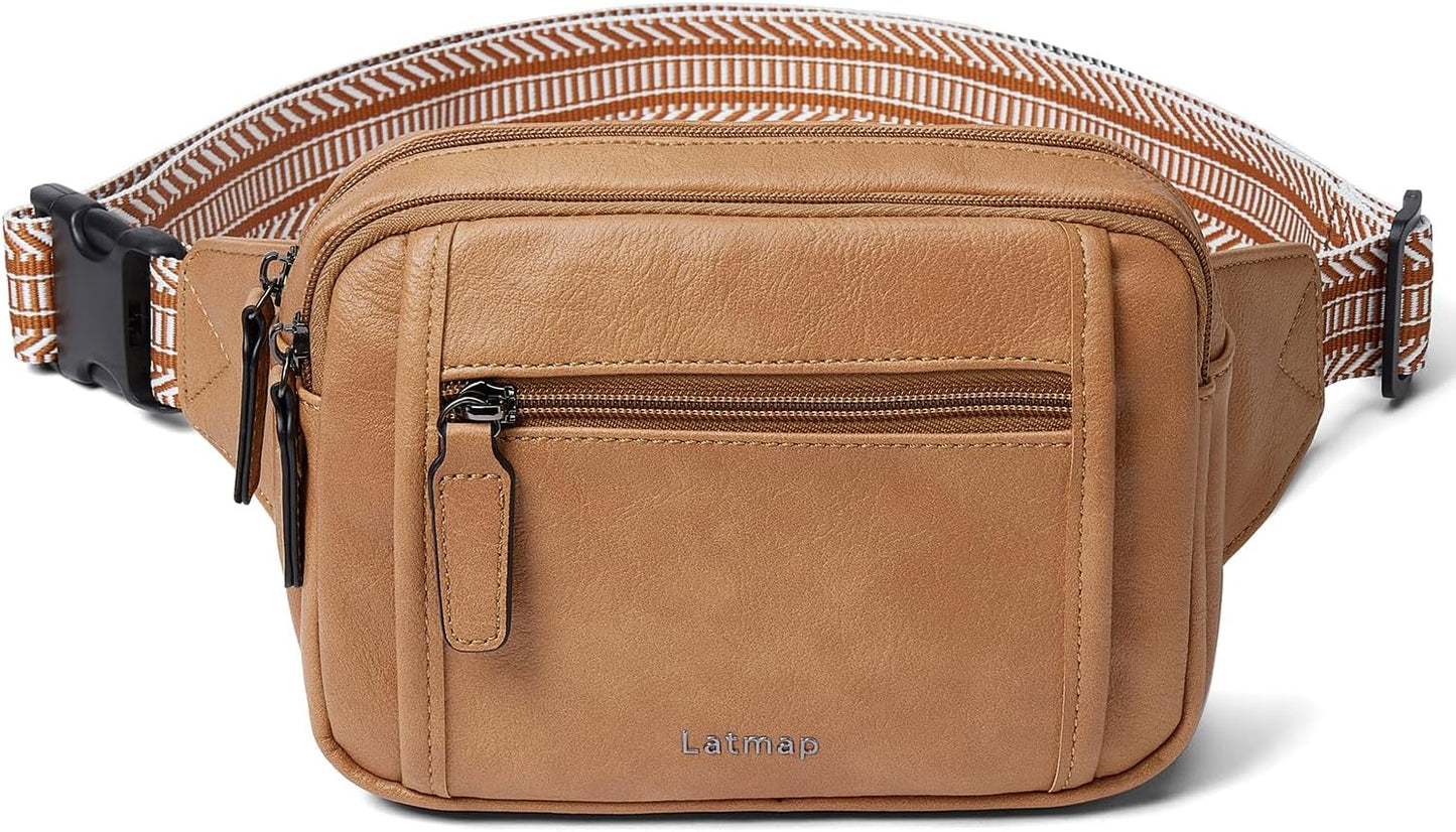 3L TRIPLE ZIP Fanny Packs Belt Bag For Women Men Crossbody Waist Pack Sling Chest Bum Travel Bag Purse Faux Leather Fashion Cute Tan