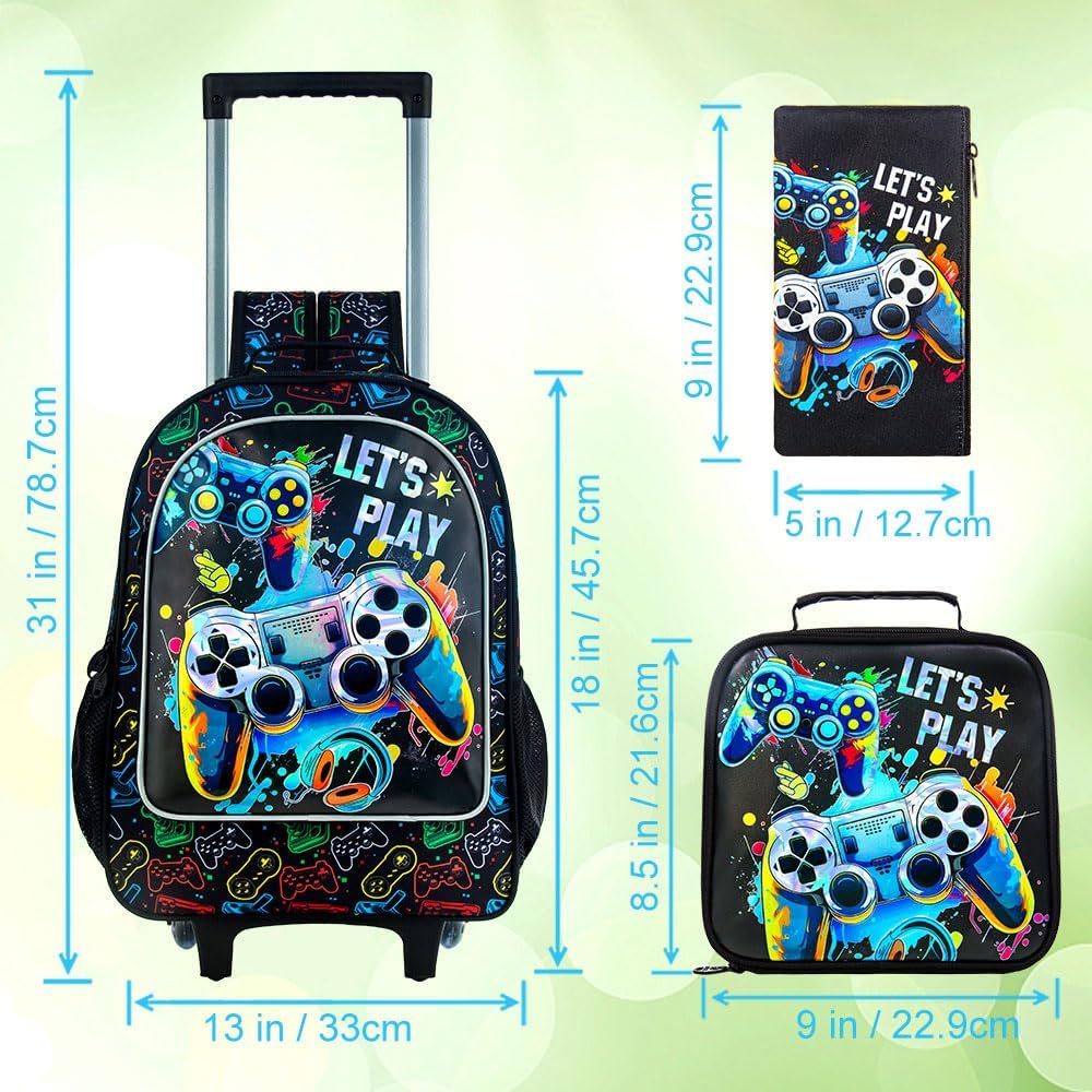 3PCS Rolling Backpack for Girls and Boys， Kids Unicorn Dinosaur Wheeled Bookbag