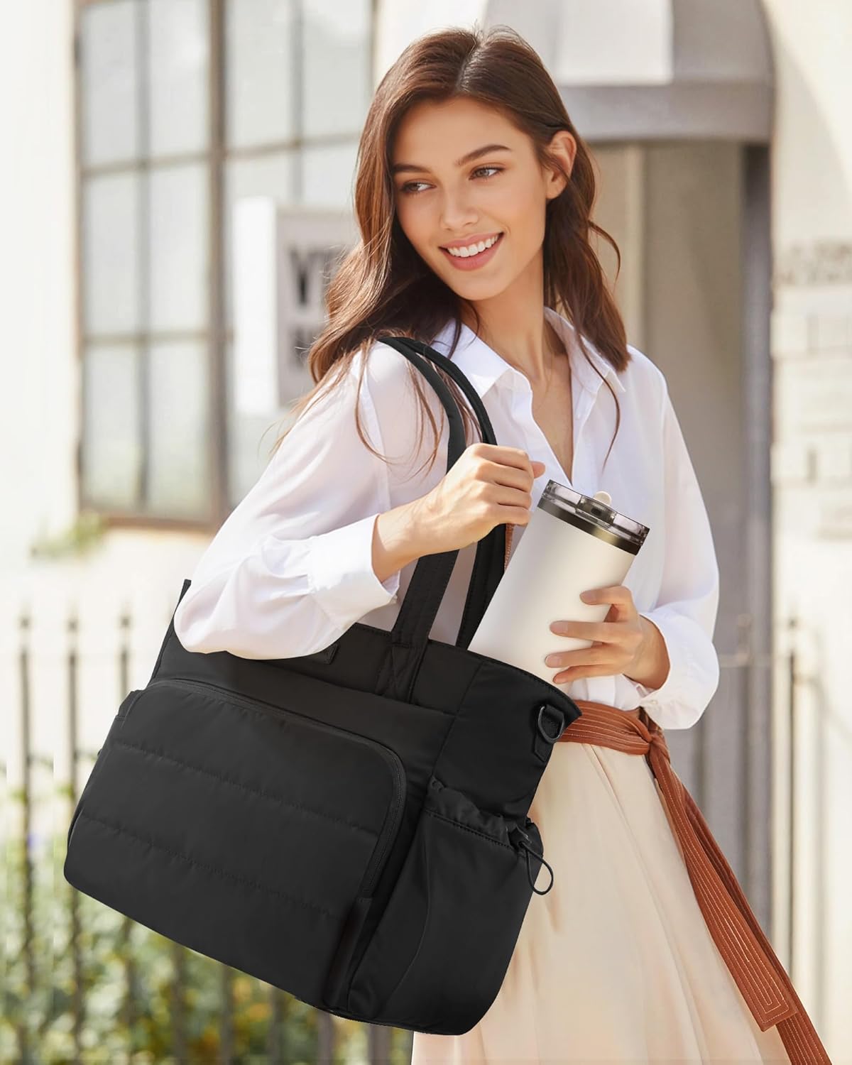LOVEVOOK Tote Bag for Women, 15.6 Inch Puffer Laptop Work Tote with Cup Holder, Quilted Nurse Bag for Travel, Gym, Daily Use