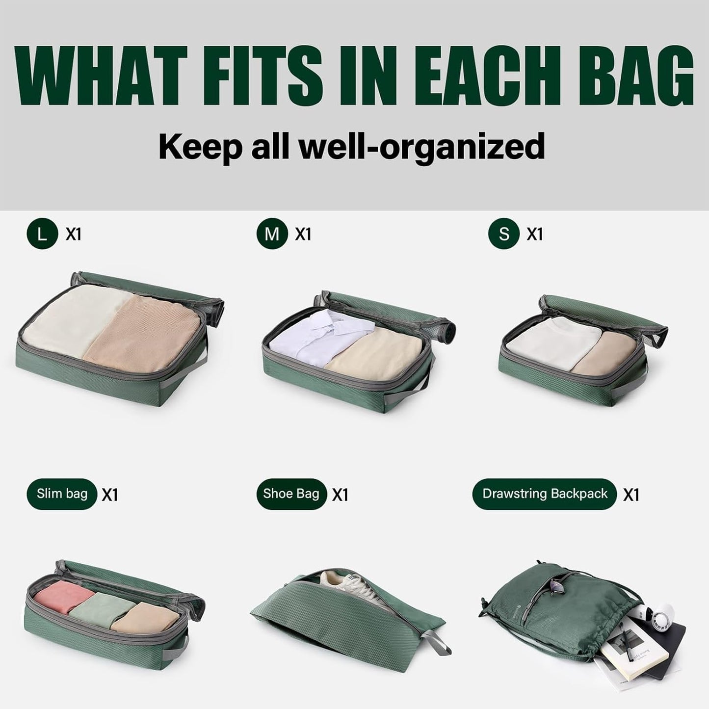 6 Set Compression Packing Cubes for Travel, Bonus Versatile Drawstring Backpack, Lightweight Luggage Organizer Bags, Sturdy Travel Accessories for Suitcase, Dark Green