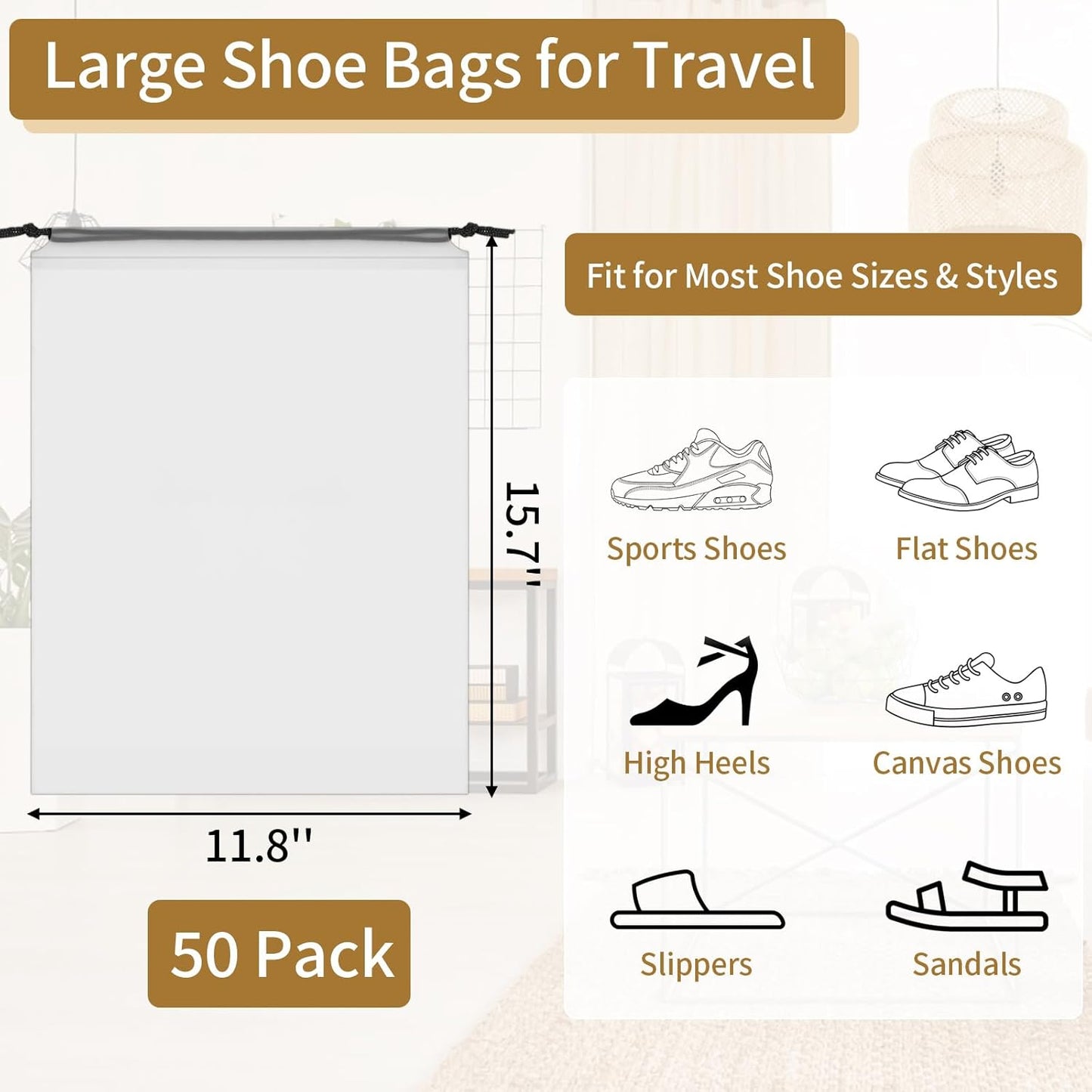 50 Pack Shoe Bags for Travel, 15.7" x 11.8" Translucent Travel Shoe Bags for Packing, Large Waterproof Portable Drawstring Travel Shoe Storage Bag Travel Essentials Women for and Men
