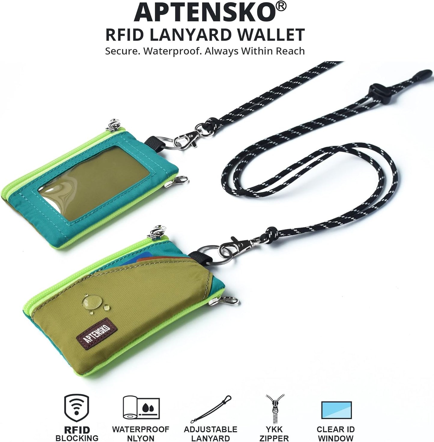 RFID Travel Wallet with Adjustable Lanyard-Zipper Small Wallet with ID Card Holder, Keychain for women&men-Minimalist Slim Waterproof Nylon case for ID, Cash, Key (OliveGreen+Turquoise)