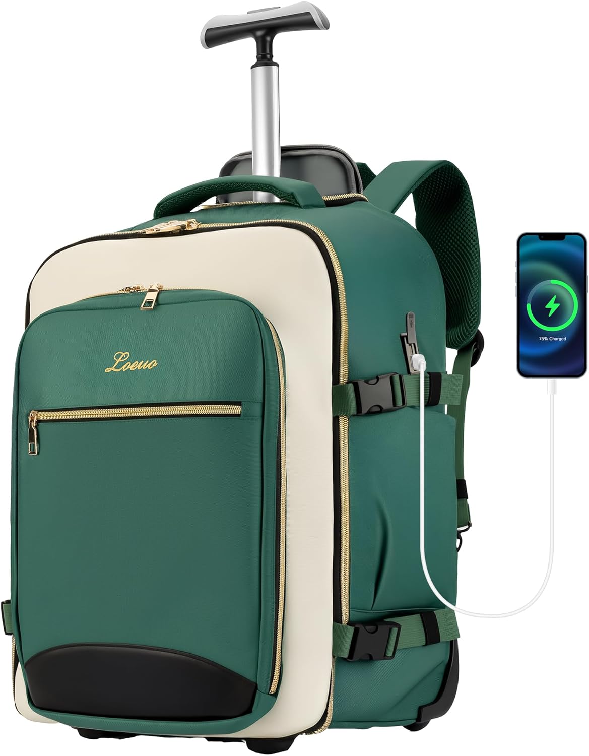 Carry On Backpack with Wheels for Adults, Airline Approved Rolling Backpack for Women, Foldable Bottom Travel Laptop Backpack (Deep Green)